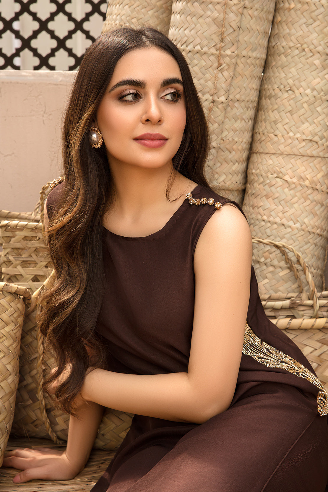 Chocolate Brown Embellished Raw Silk Salwar Kameez (3-Piece) - Image 3