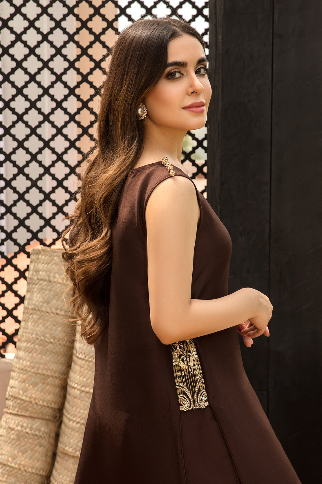 Chocolate Brown Embellished Raw Silk Salwar Kameez (3-Piece) - Image 4
