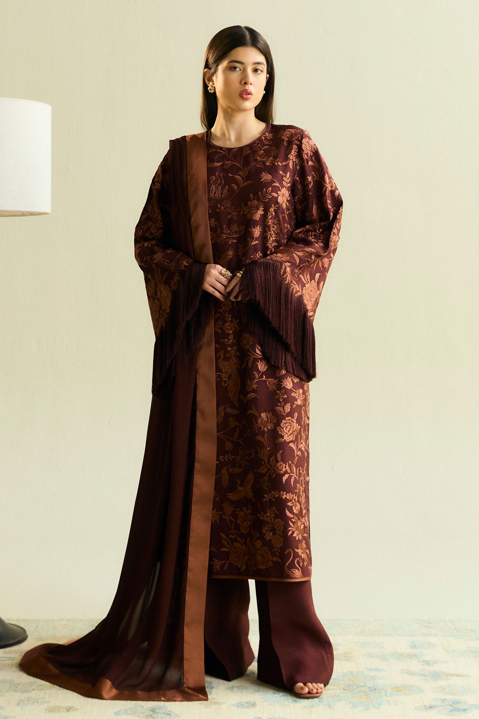 Deep Brown Gara Embroidered Raw Silk Salwar Kameez (3-Piece) - Image 1