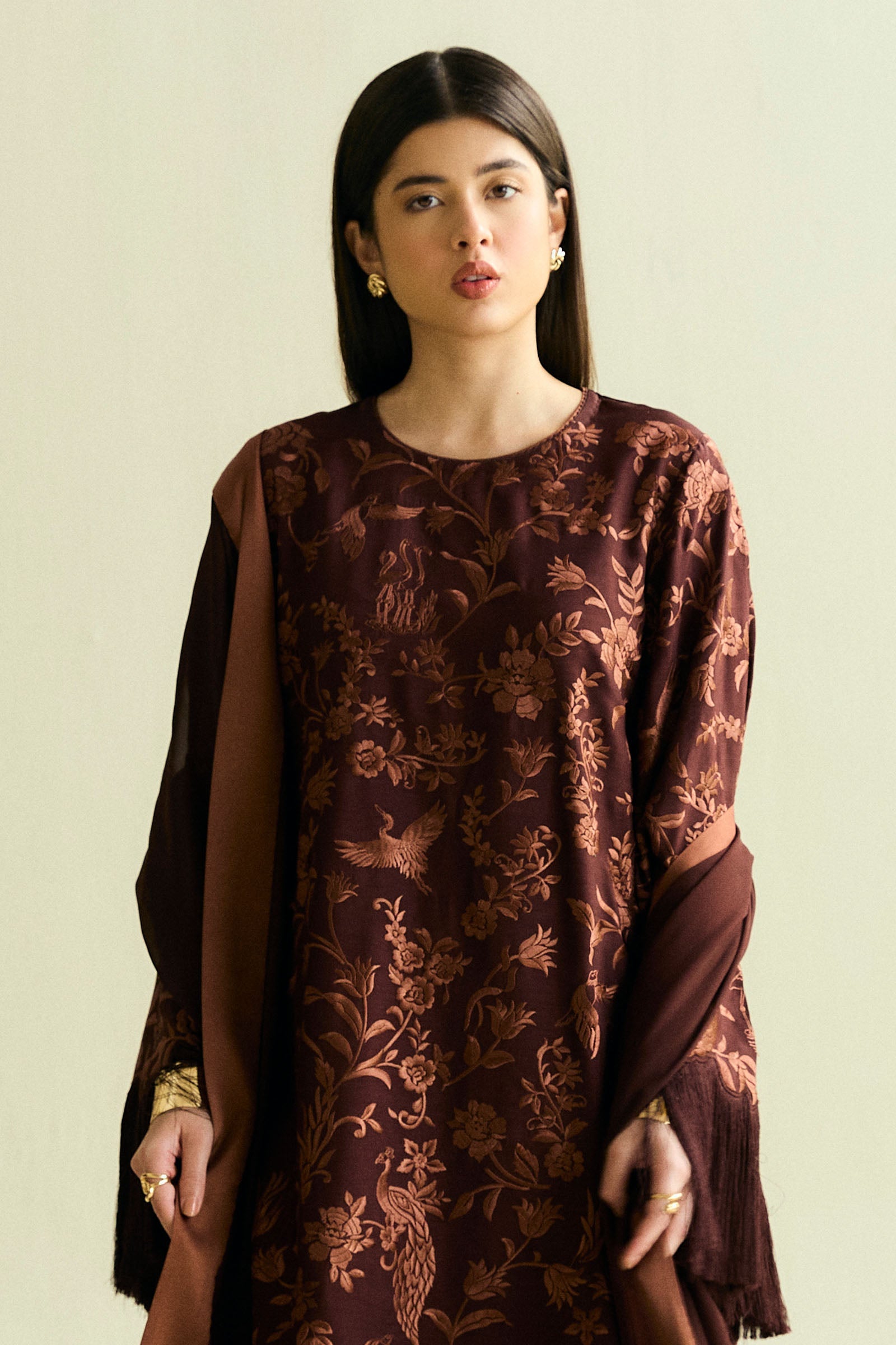 Deep Brown Gara Embroidered Raw Silk Salwar Kameez (3-Piece) - Image 3