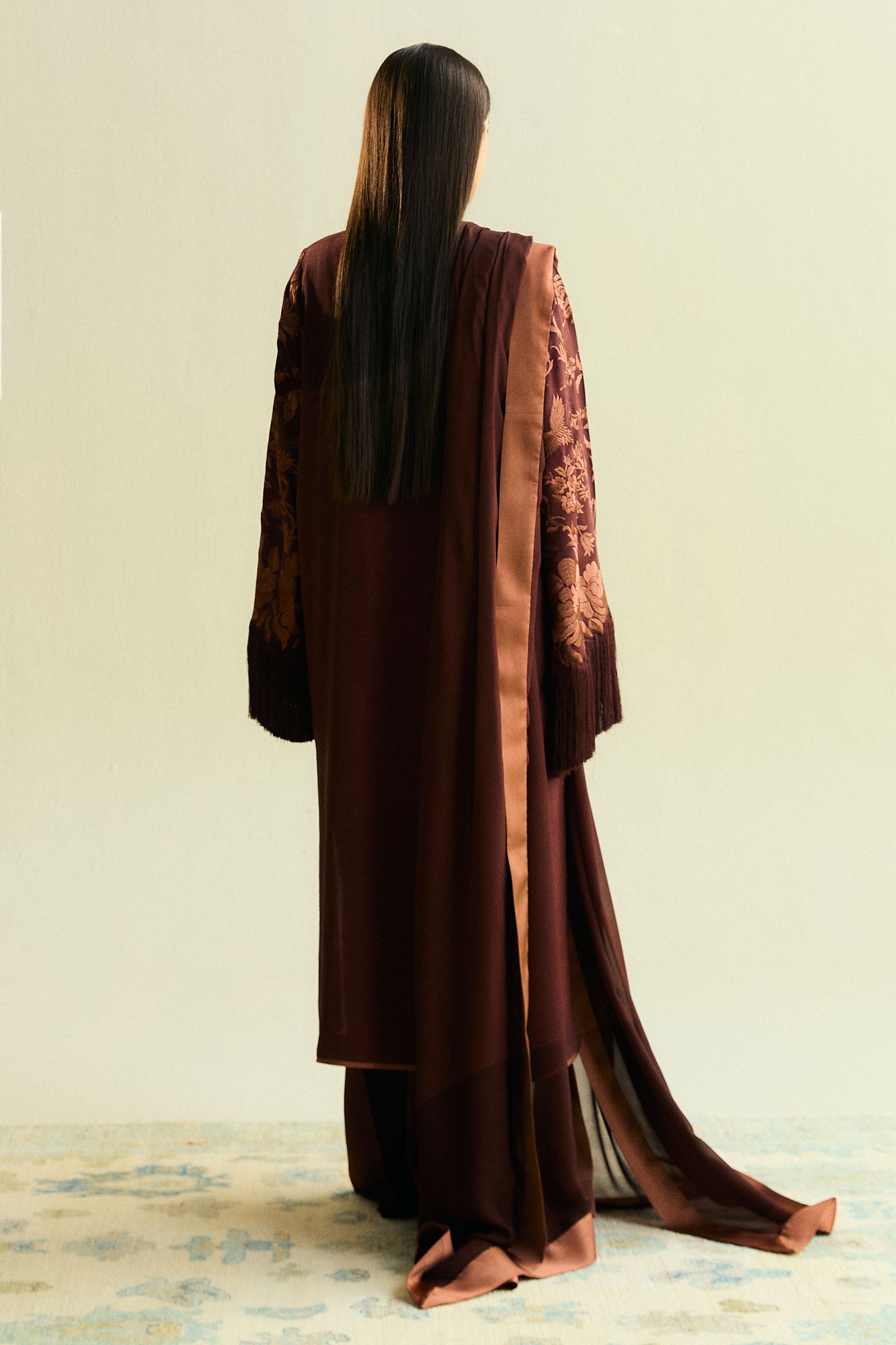 Deep Brown Gara Embroidered Raw Silk Salwar Kameez (3-Piece) - Image 4