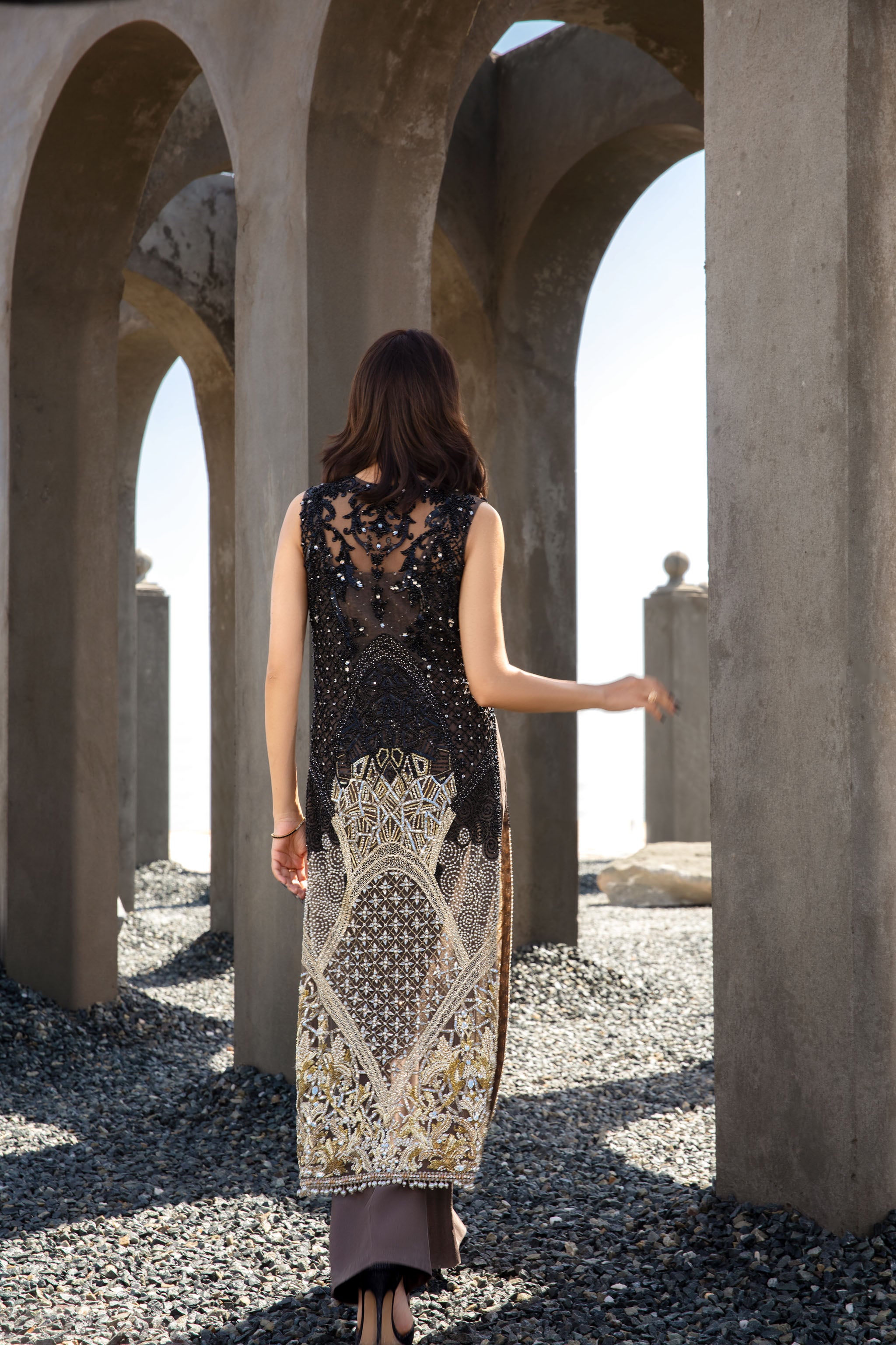 Pakistani Brown Embellished Net & Raw Silk Salwar Kameez (3-Piece) - Image 10