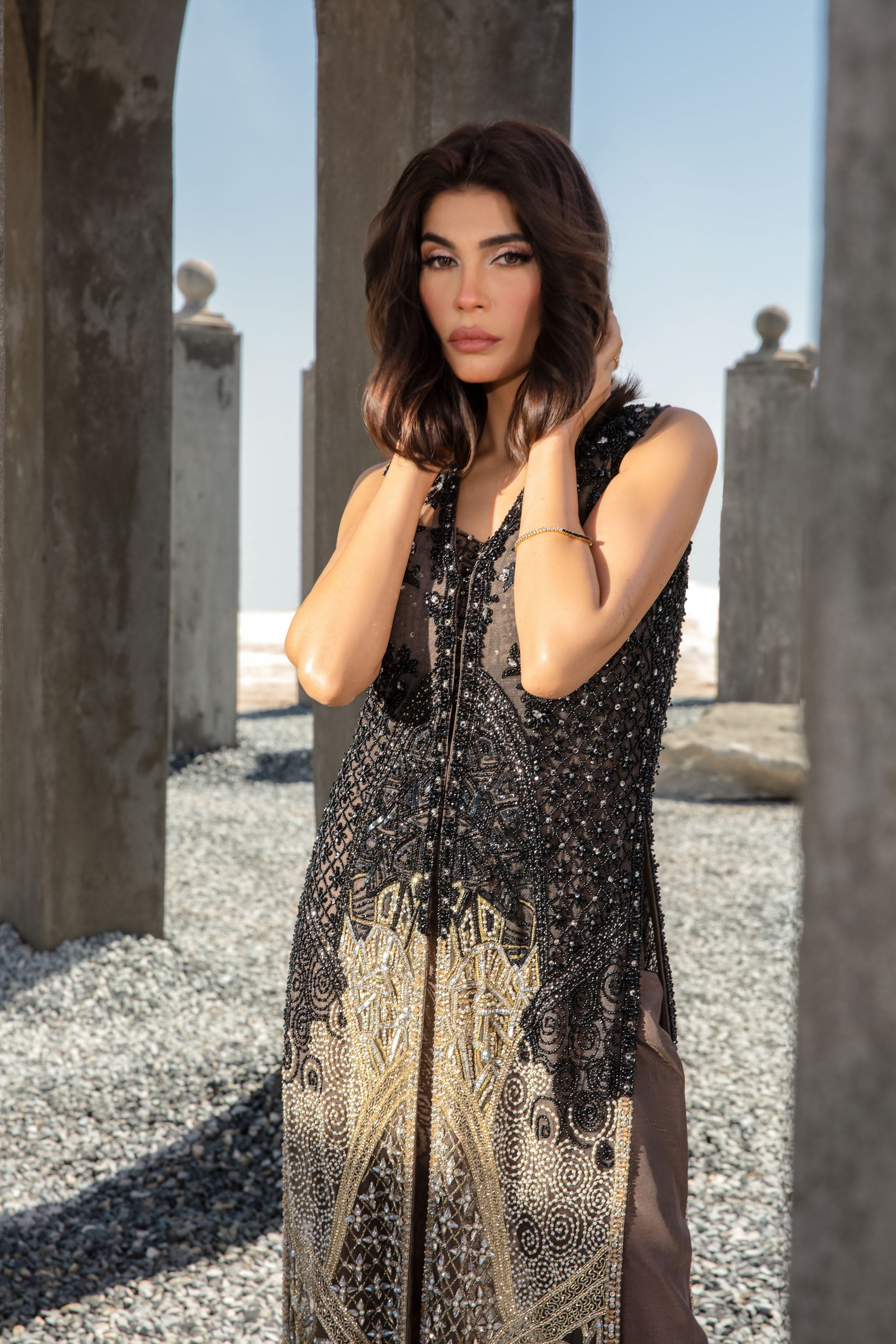 Pakistani Brown Embellished Net & Raw Silk Salwar Kameez (3-Piece) - Image 2