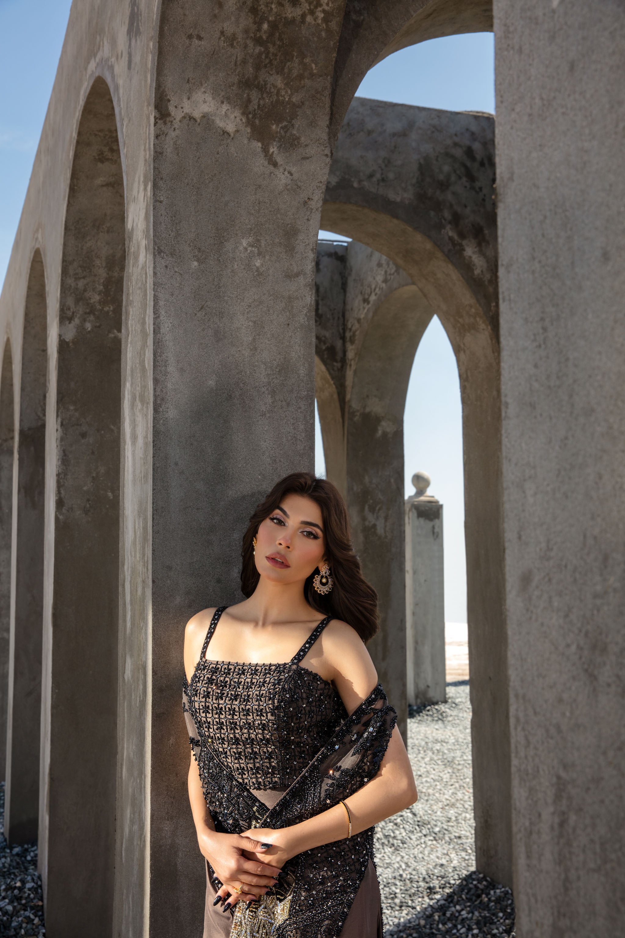 Pakistani Brown Embellished Net & Raw Silk Salwar Kameez (3-Piece) - Image 3