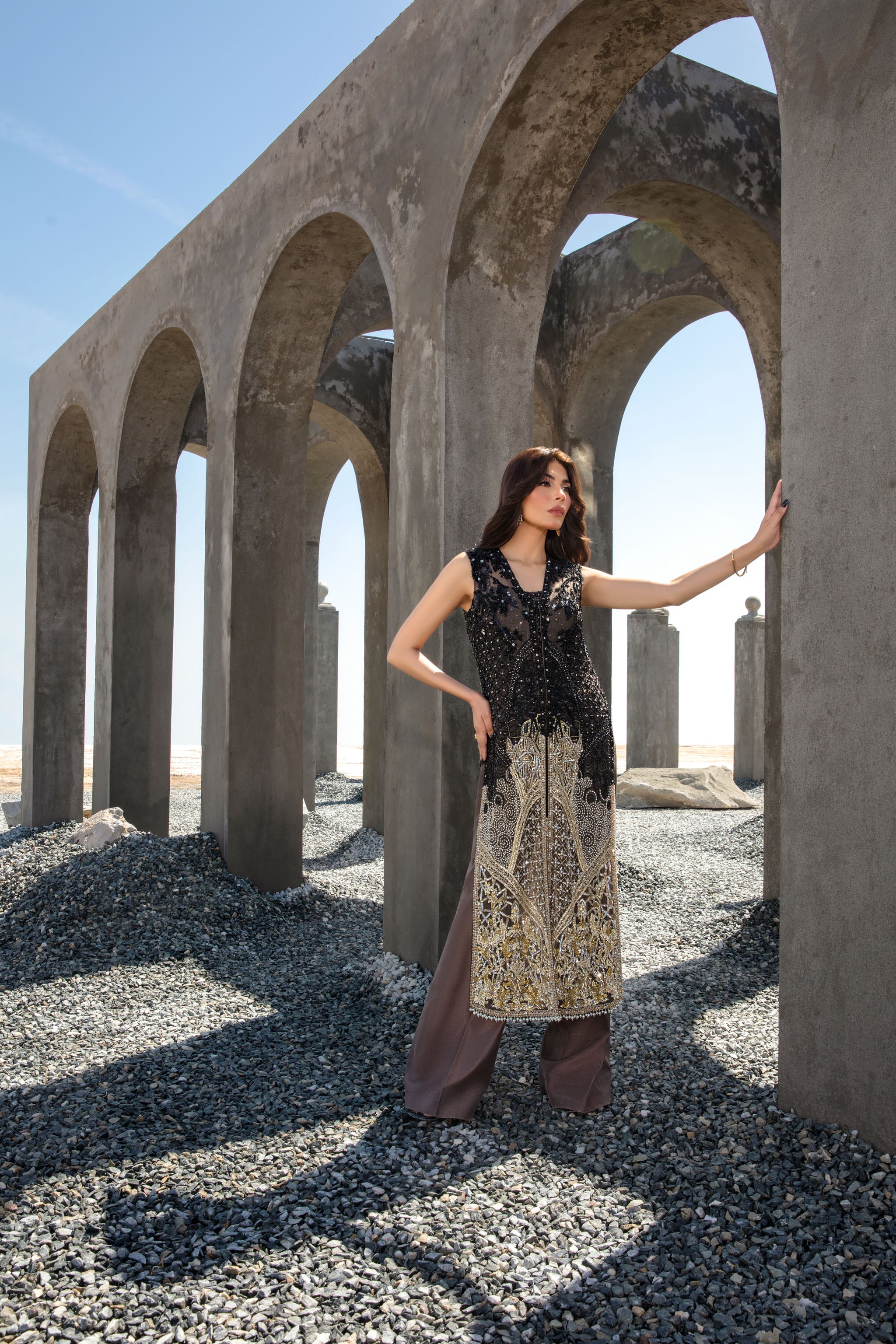 Pakistani Brown Embellished Net & Raw Silk Salwar Kameez (3-Piece) - Image 5