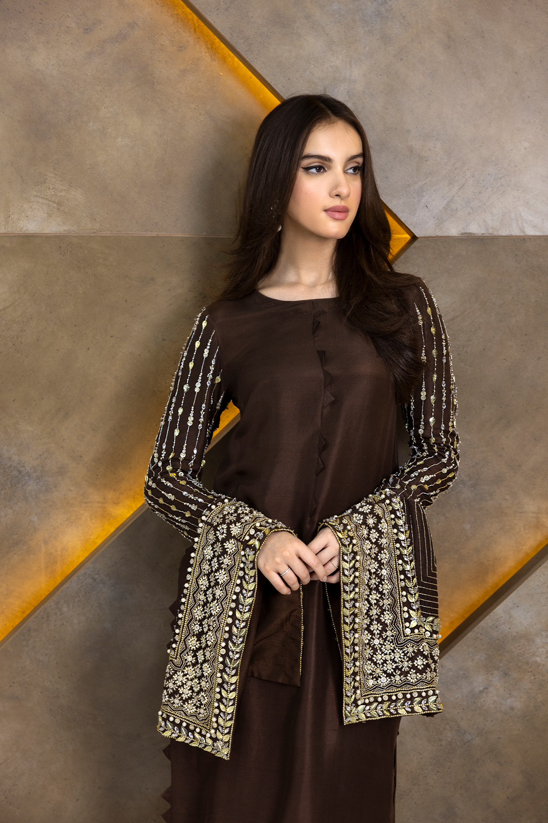 Pakistani Deep Chocolate Embroidered Raw Silk Salwar Kameez (2-Piece) - Image 1