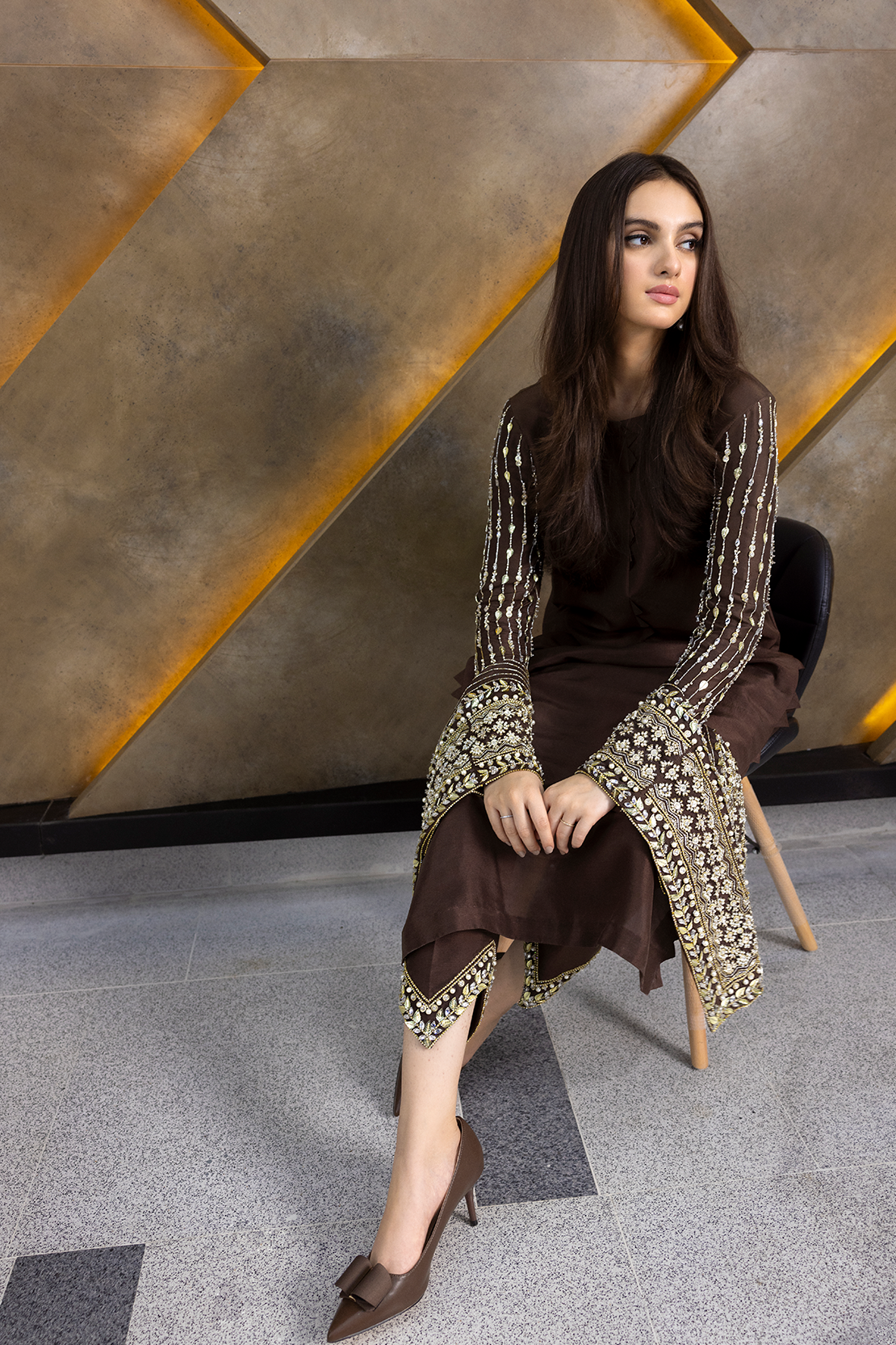 Pakistani Deep Chocolate Embroidered Raw Silk Salwar Kameez (2-Piece) - Image 3