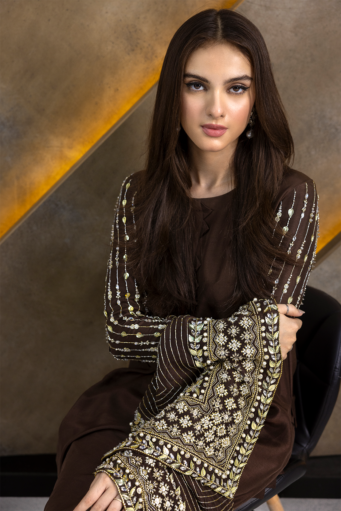 Pakistani Deep Chocolate Embroidered Raw Silk Salwar Kameez (2-Piece) - Image 4