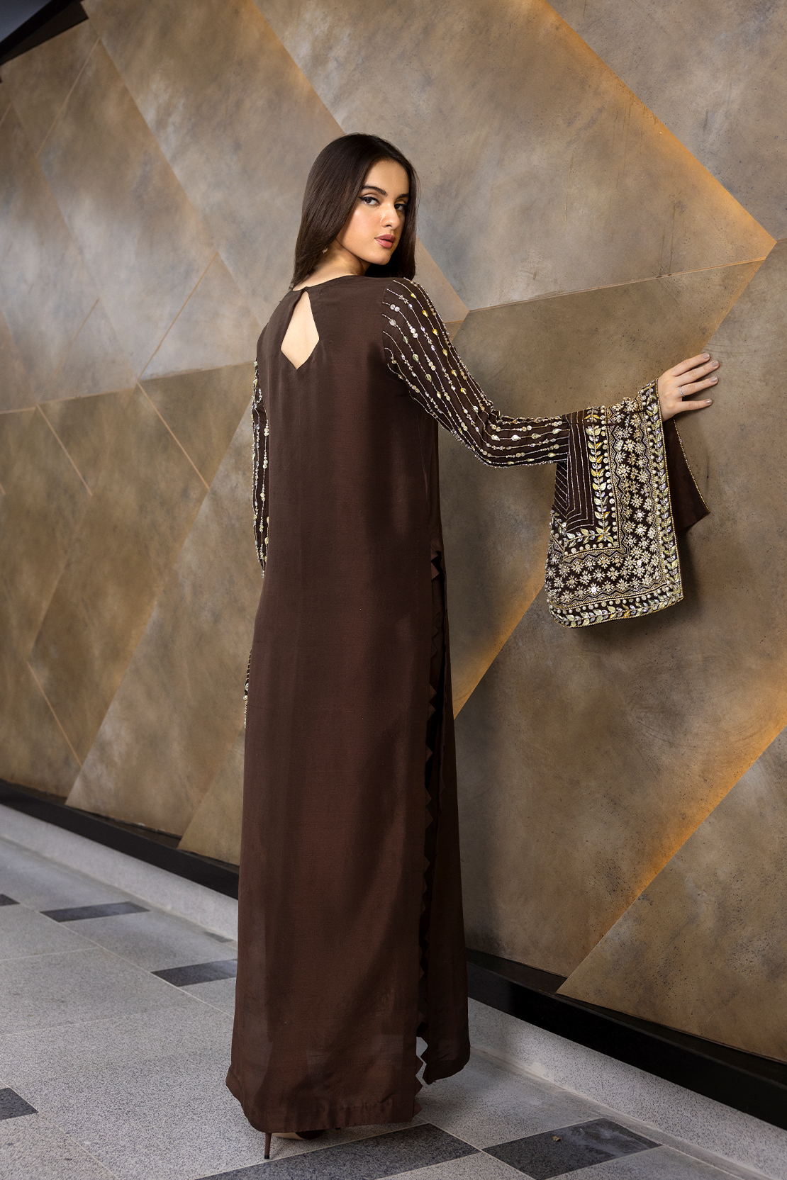 Pakistani Deep Chocolate Embroidered Raw Silk Salwar Kameez (2-Piece) - Image 5