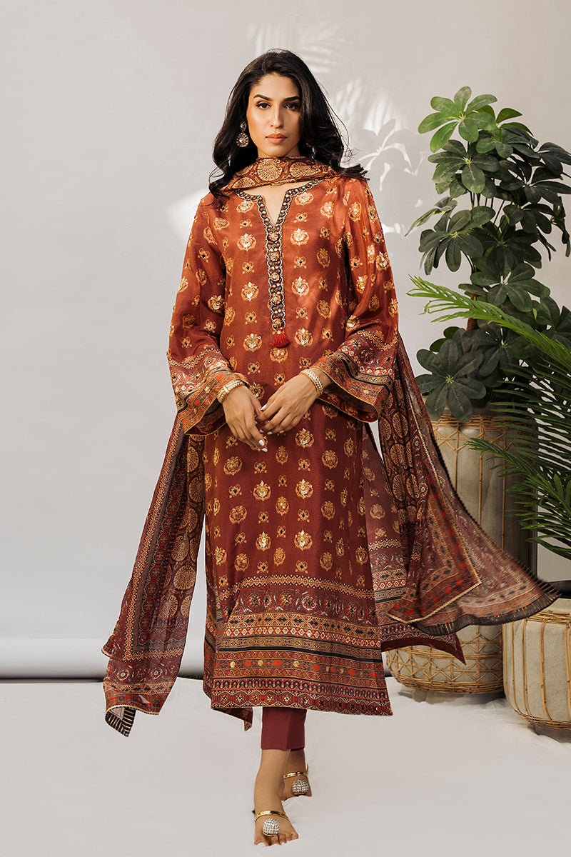 Pakistani Hazelnut Embroidered Raw Silk Kurta Set (3-Piece) - Image 1