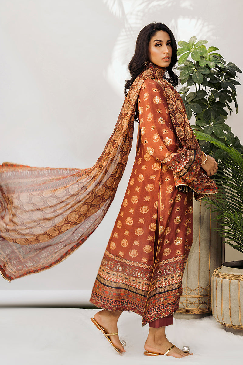 Pakistani Hazelnut Embroidered Raw Silk Kurta Set (3-Piece) - Image 2