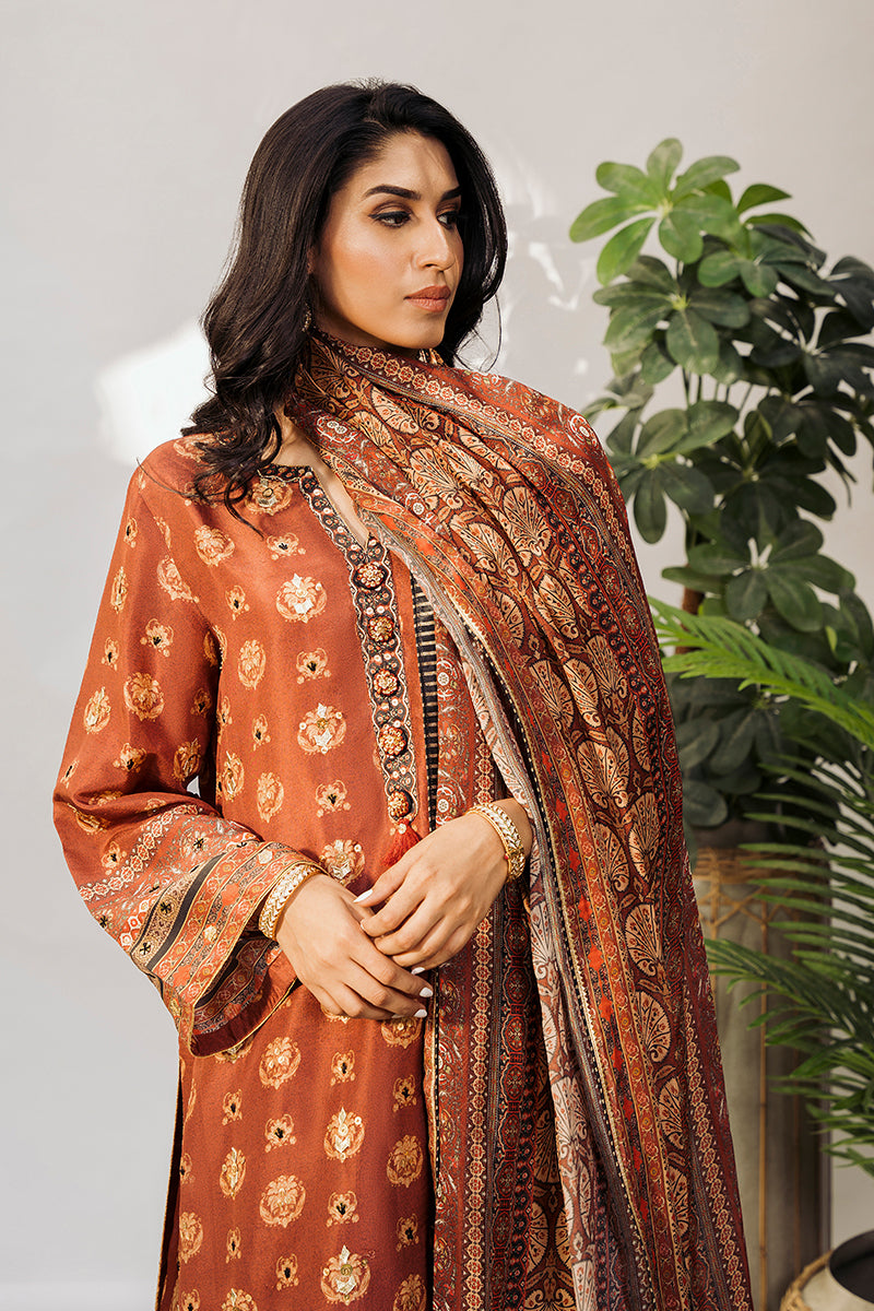 Pakistani Hazelnut Embroidered Raw Silk Kurta Set (3-Piece) - Image 5