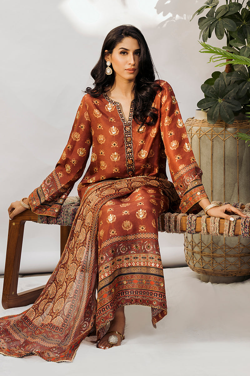 Pakistani Hazelnut Embroidered Raw Silk Kurta Set (3-Piece) - Image 6