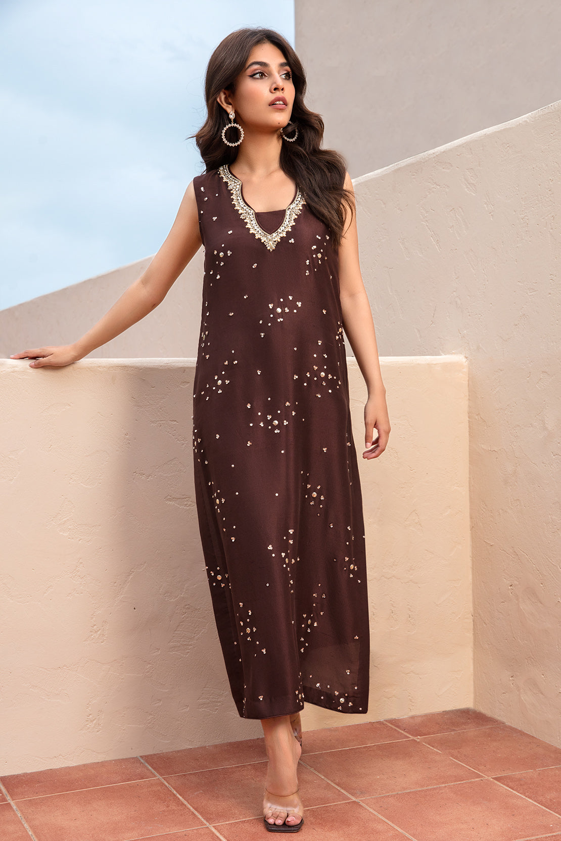 Pakistani Deep Chocolate Hand Embellished Raw Silk Salwar Kameez (3-Piece) - Image 2