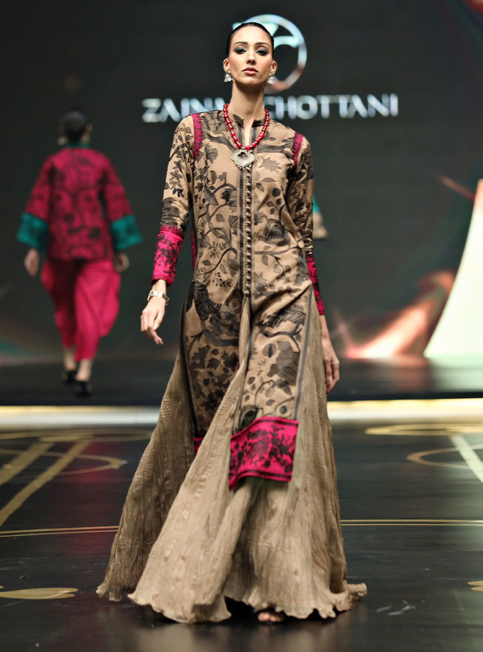 Coffee Kantha Embroidered Raw Silk Long Shirt (2-Piece) - Image 1