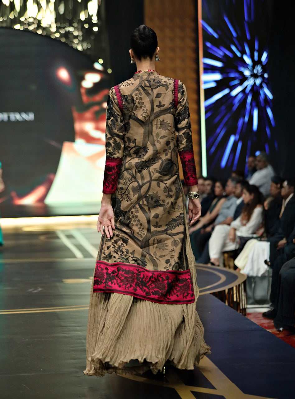 Coffee Kantha Embroidered Raw Silk Long Shirt (2-Piece) - Image 2