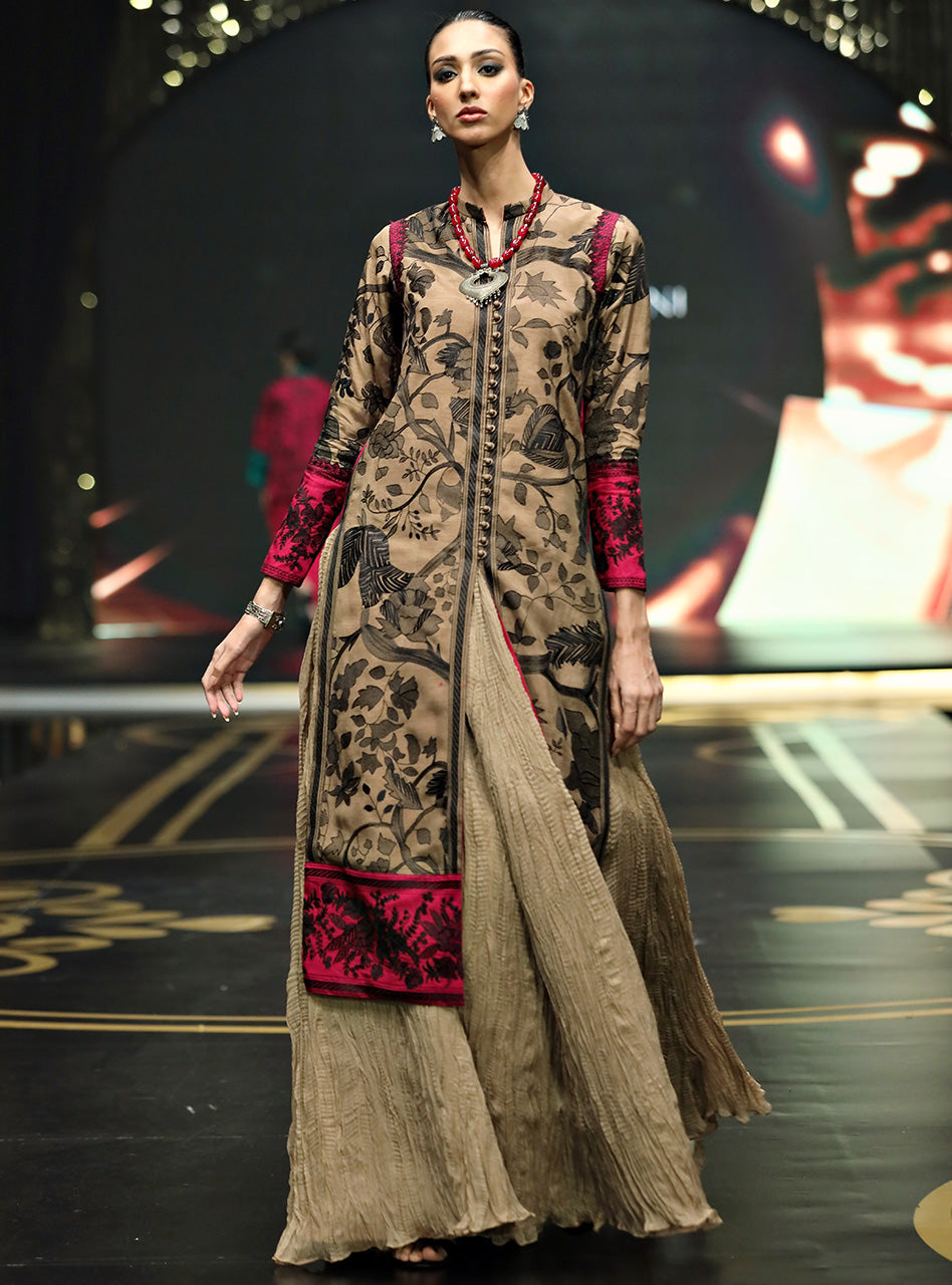 Coffee Kantha Embroidered Raw Silk Long Shirt (2-Piece) - Image 3