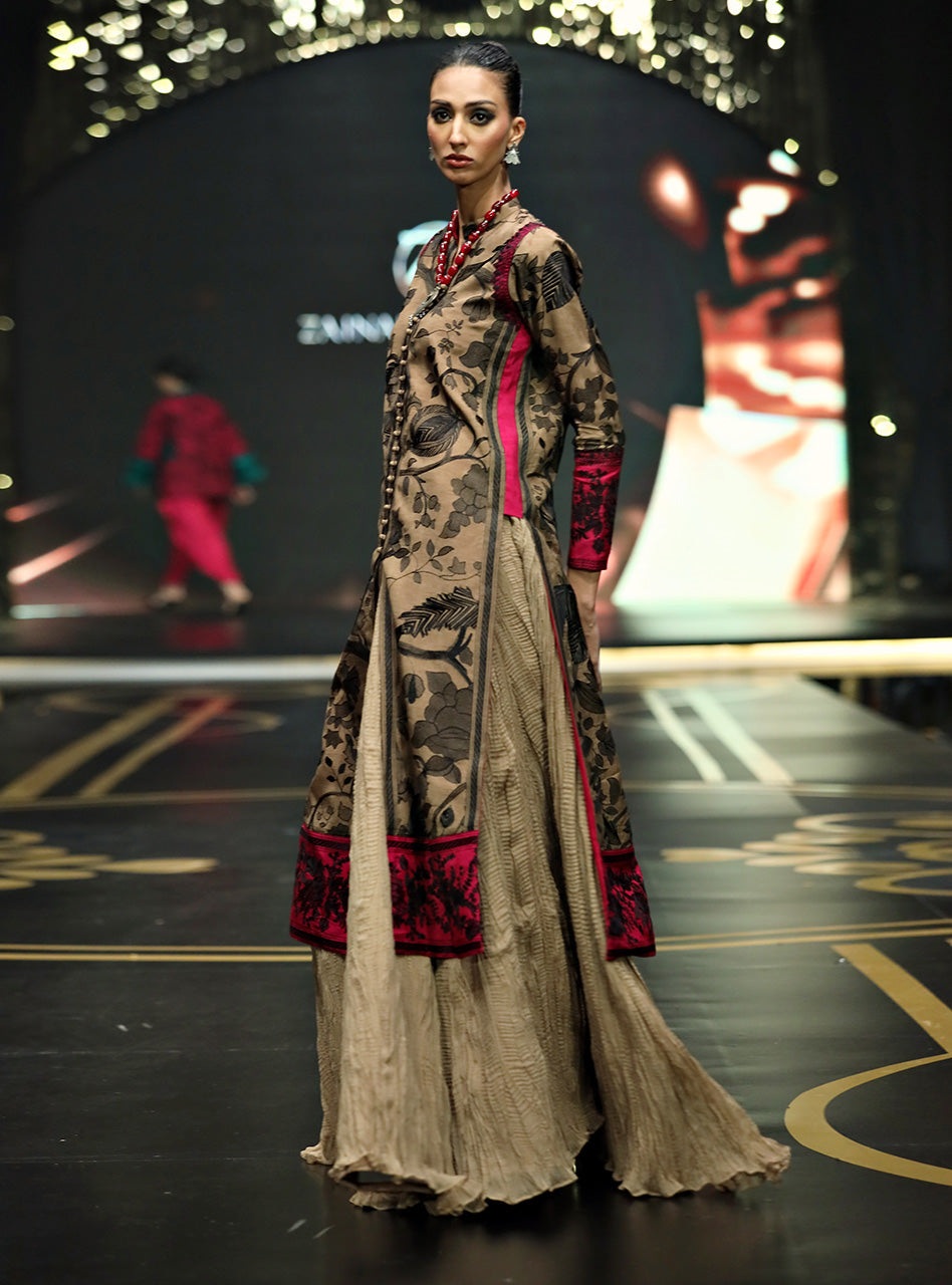 Coffee Kantha Embroidered Raw Silk Long Shirt (2-Piece) - Image 4