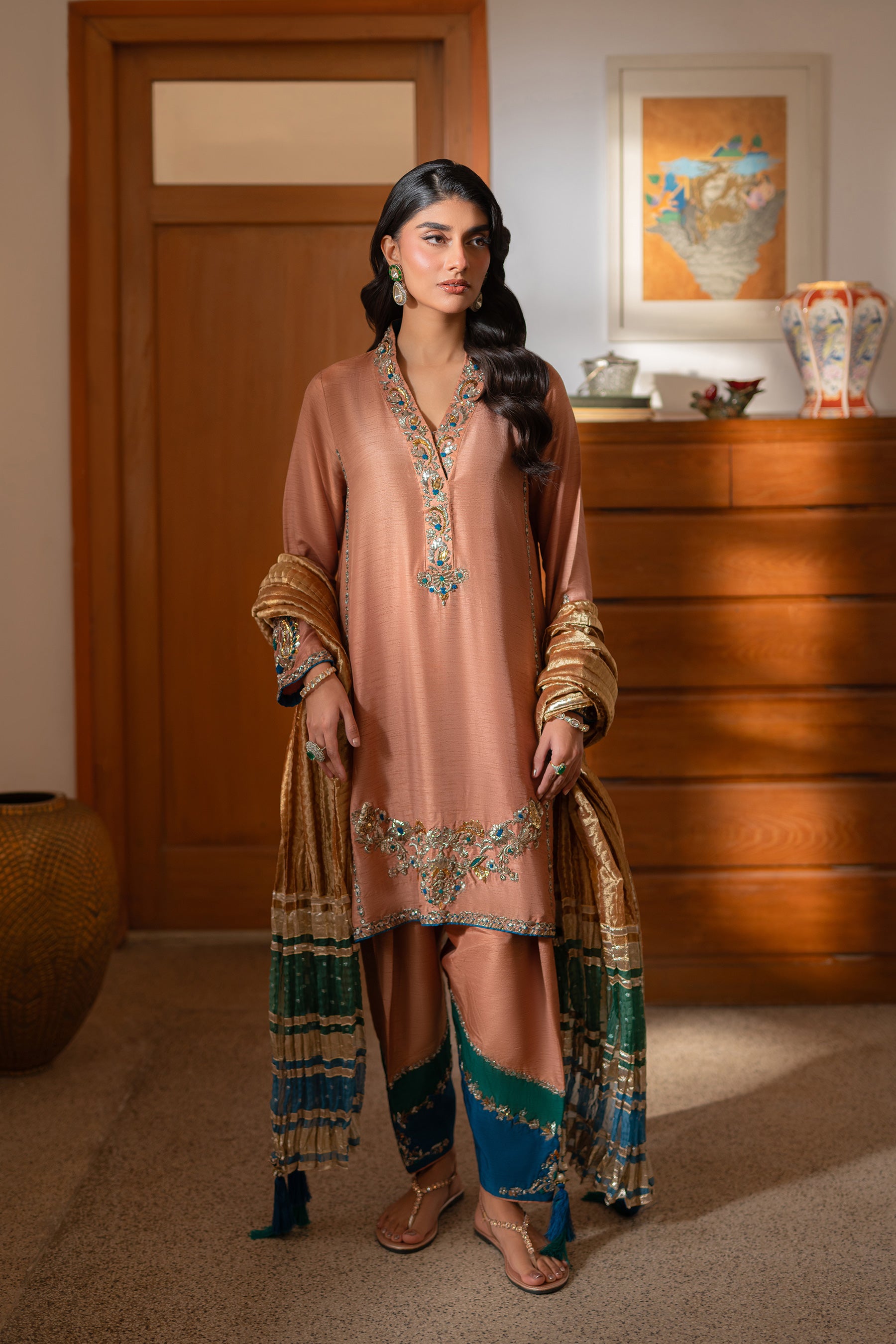 Pakistani Mocha Mousse Ganga Jamni Raw Silk Salwar Kameez (3-Piece) - Image 1