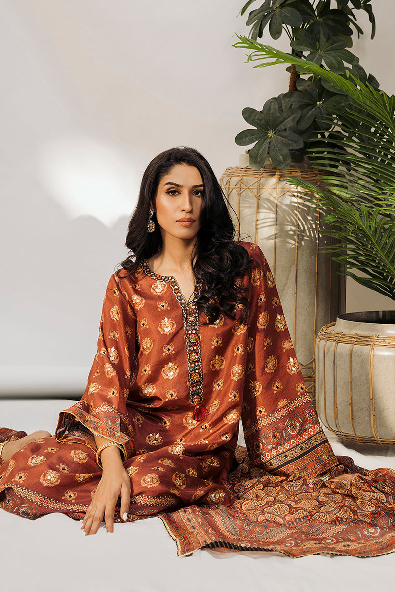 Hazelnut Embroidered Raw Silk Kurta Set (3-Piece) - Image 5
