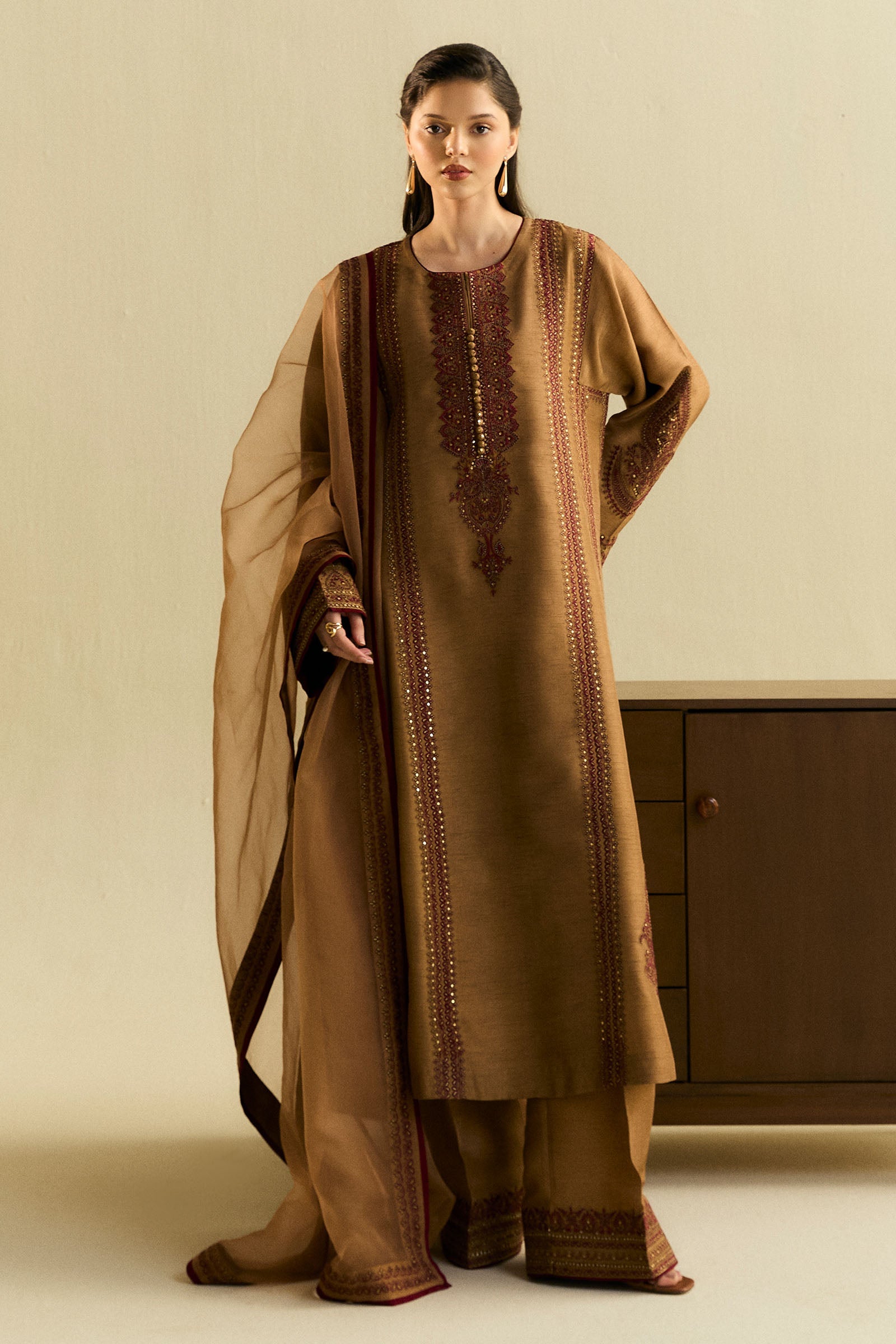 Pakistani Cinnamon Embroidered Raw Silk Salwar Kameez (3-Piece) - Image 1