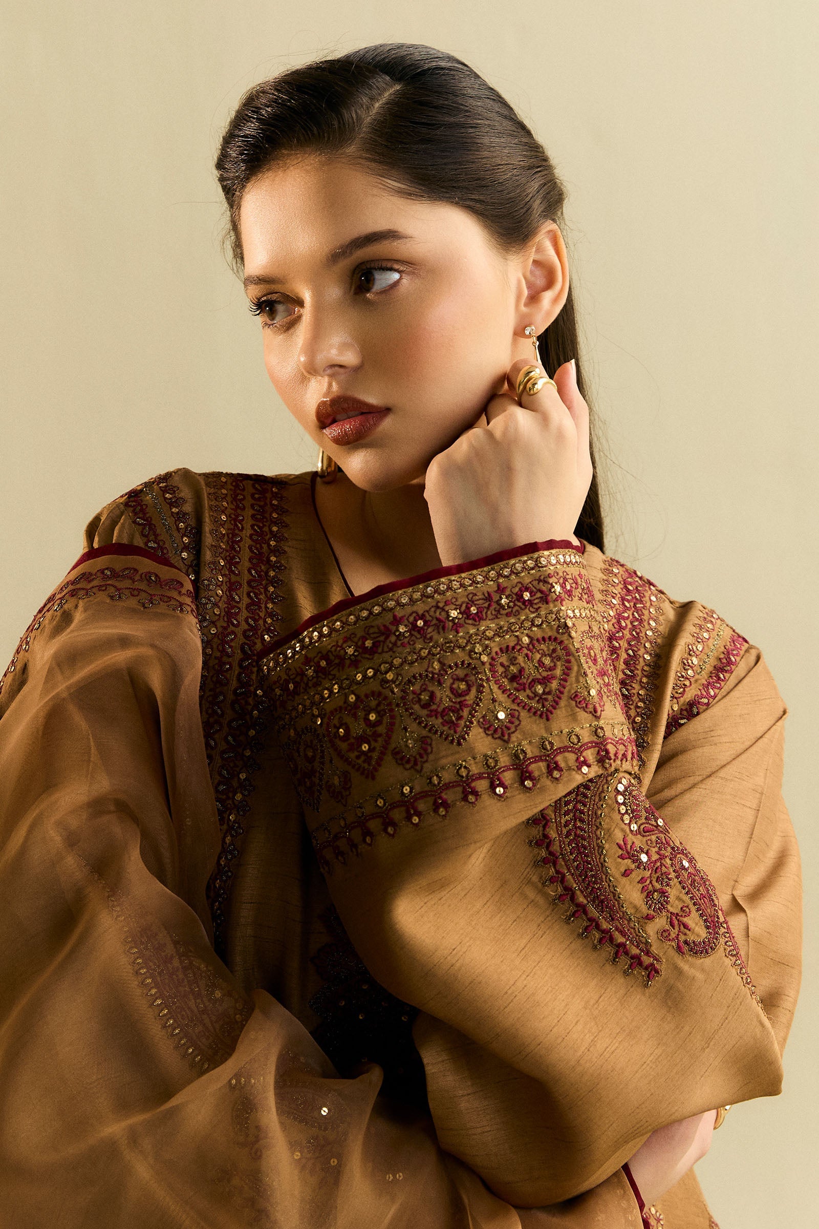 Pakistani Cinnamon Embroidered Raw Silk Salwar Kameez (3-Piece) - Image 2