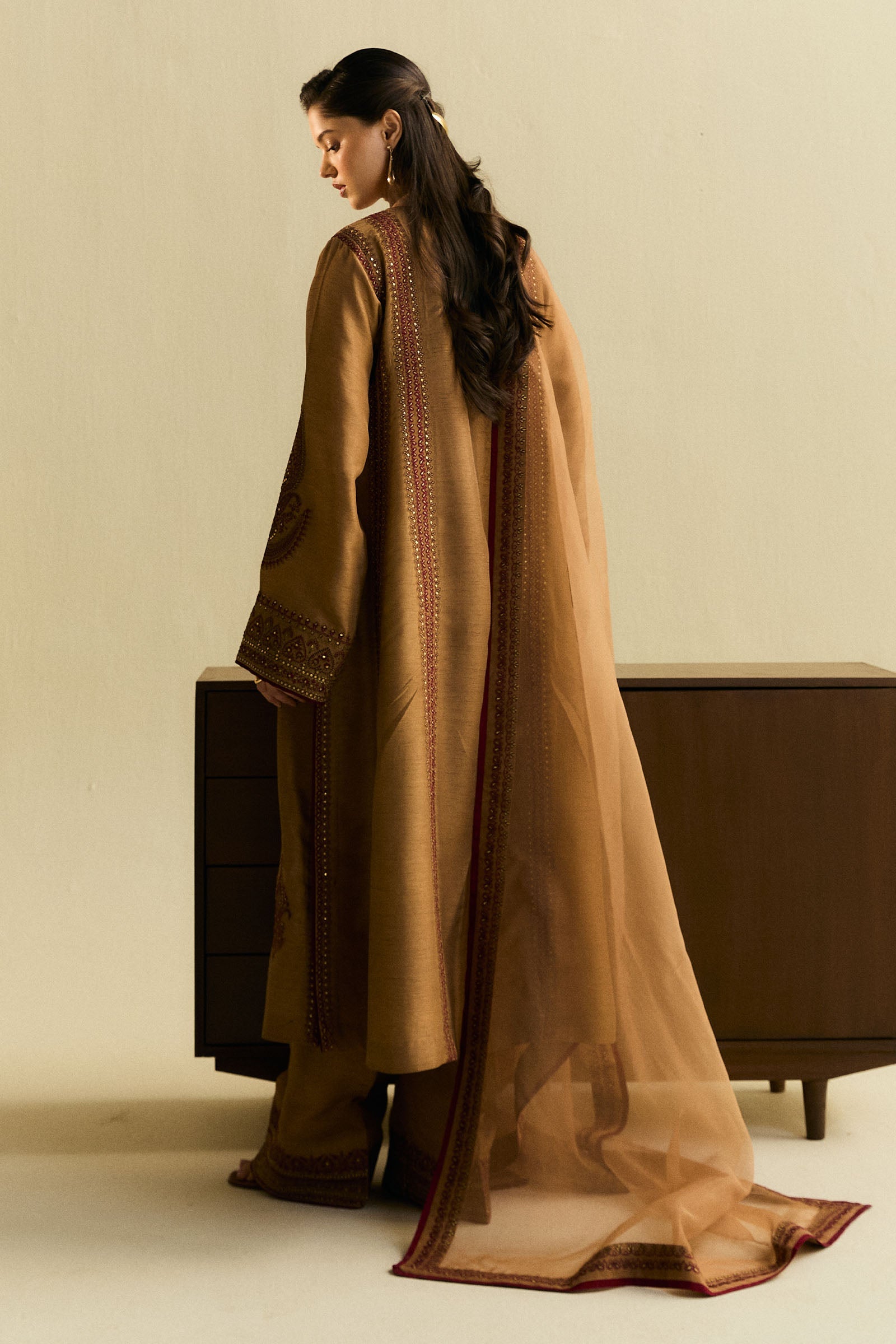 Pakistani Cinnamon Embroidered Raw Silk Salwar Kameez (3-Piece) - Image 4