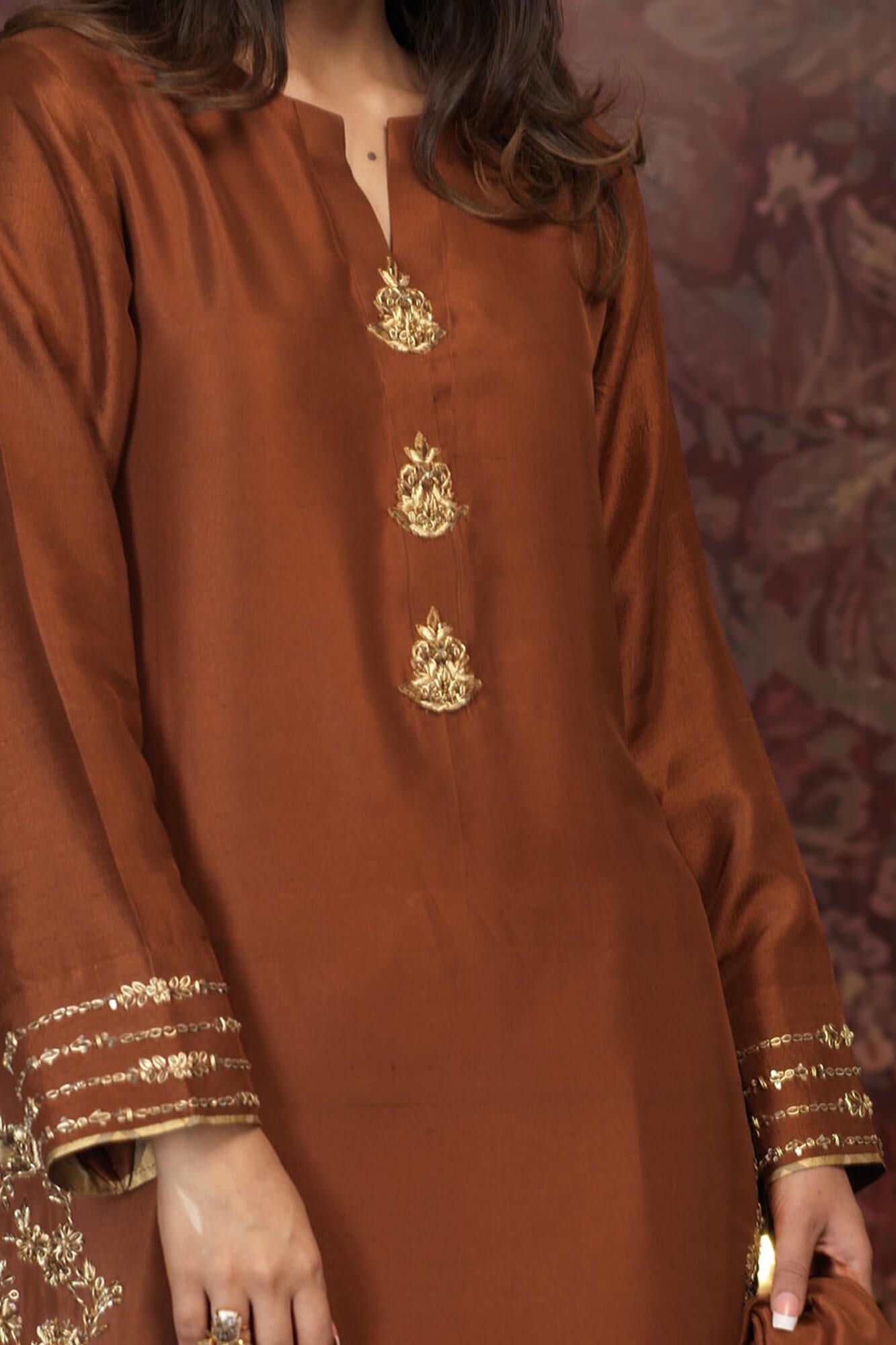 Pakistani Brown Zardozi PK Raw Silk Kurta (3-Piece) - Image 5