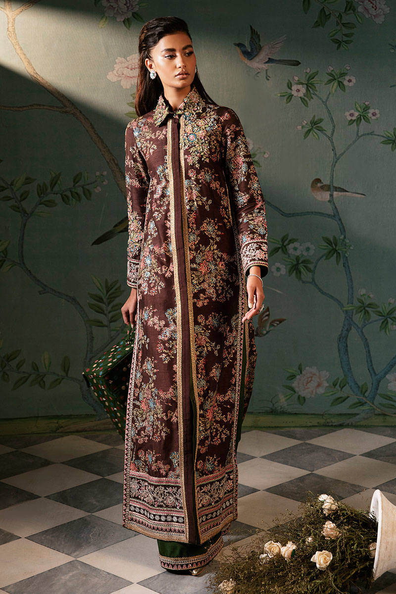 Chocolate Brown Embellished Silk-Blend Jacket (2-Piece) - Image 1