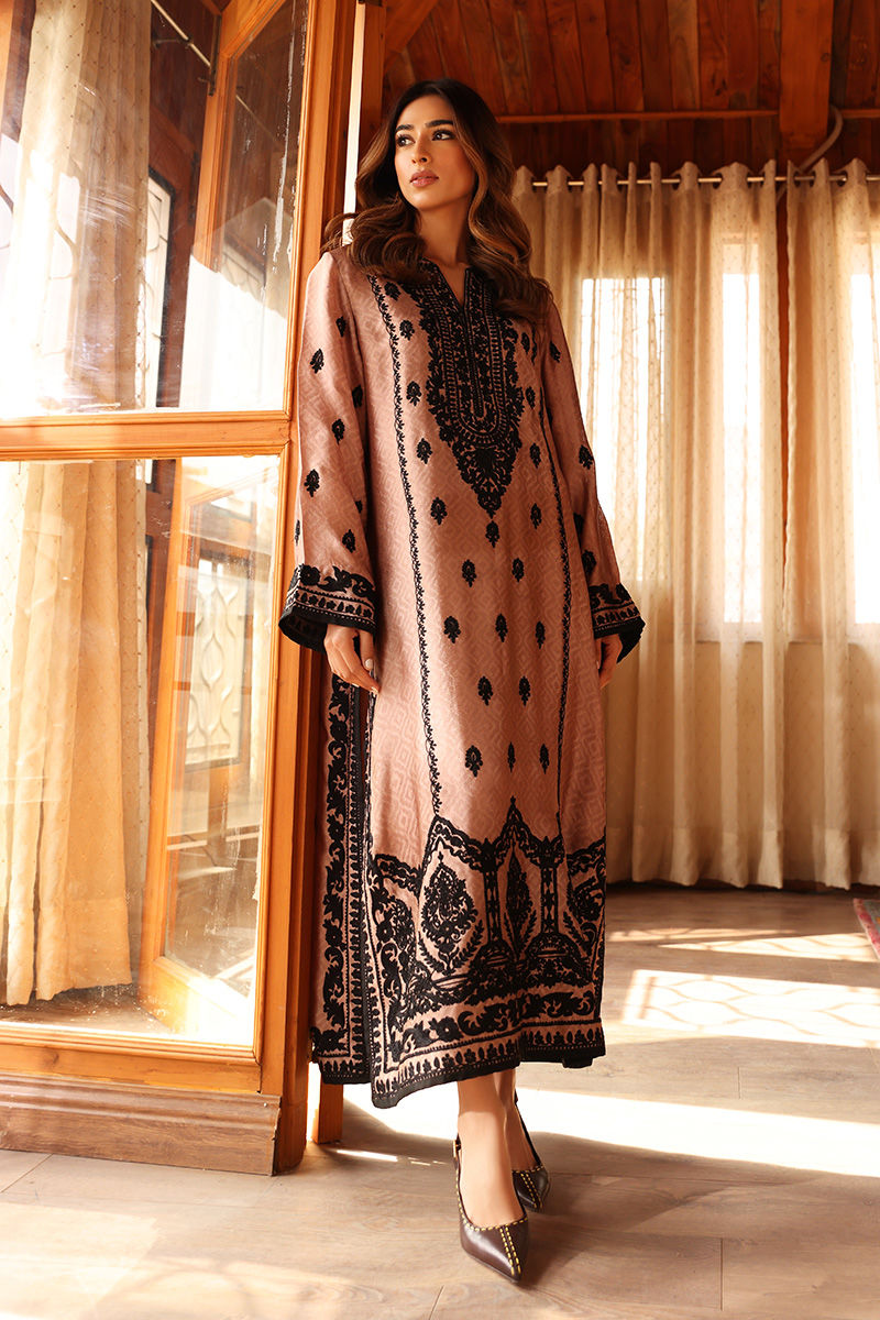 Pakistani Tuscany Brown Embroidered Silk Long Shirt (1-Pc) - Image 1