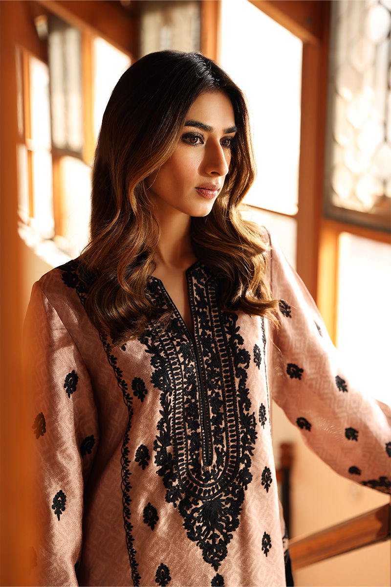 Pakistani Tuscany Brown Embroidered Silk Long Shirt (1-Pc) - Image 6