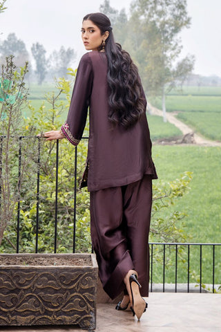 Pakistani Dark Brown Embroidered Pure Silk Salwar Kameez (3-Piece) - Image 4