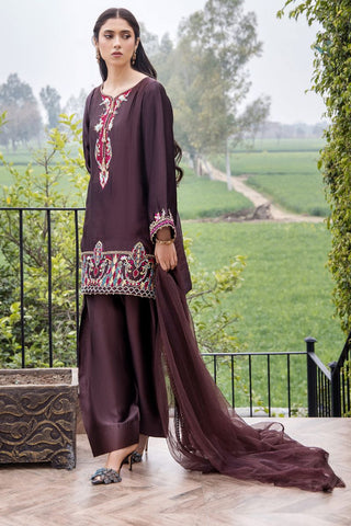 Pakistani Dark Brown Embroidered Pure Silk Salwar Kameez (3-Piece) - Image 5