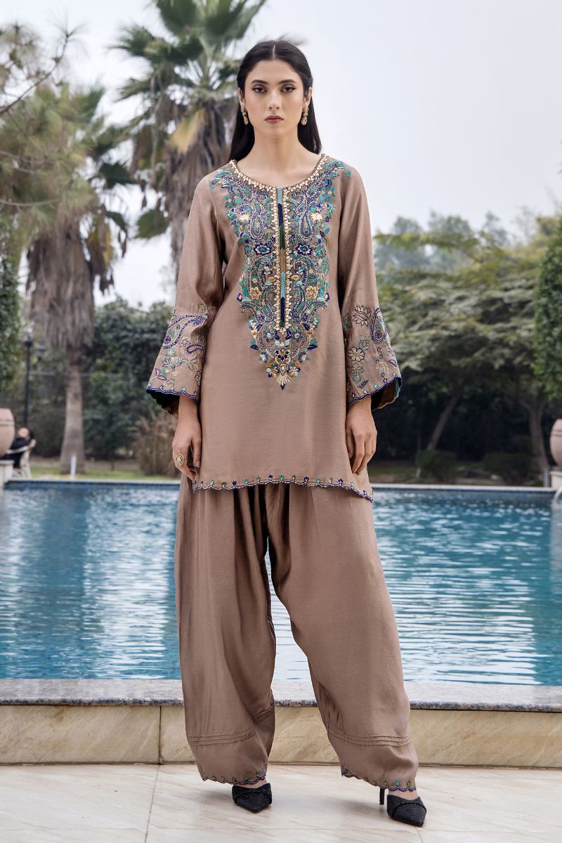 Brown Embroidered Pure Silk Salwar Kameez (3-Piece) - Image 1