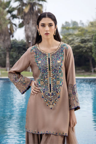Brown Embroidered Pure Silk Salwar Kameez (3-Piece) - Image 3