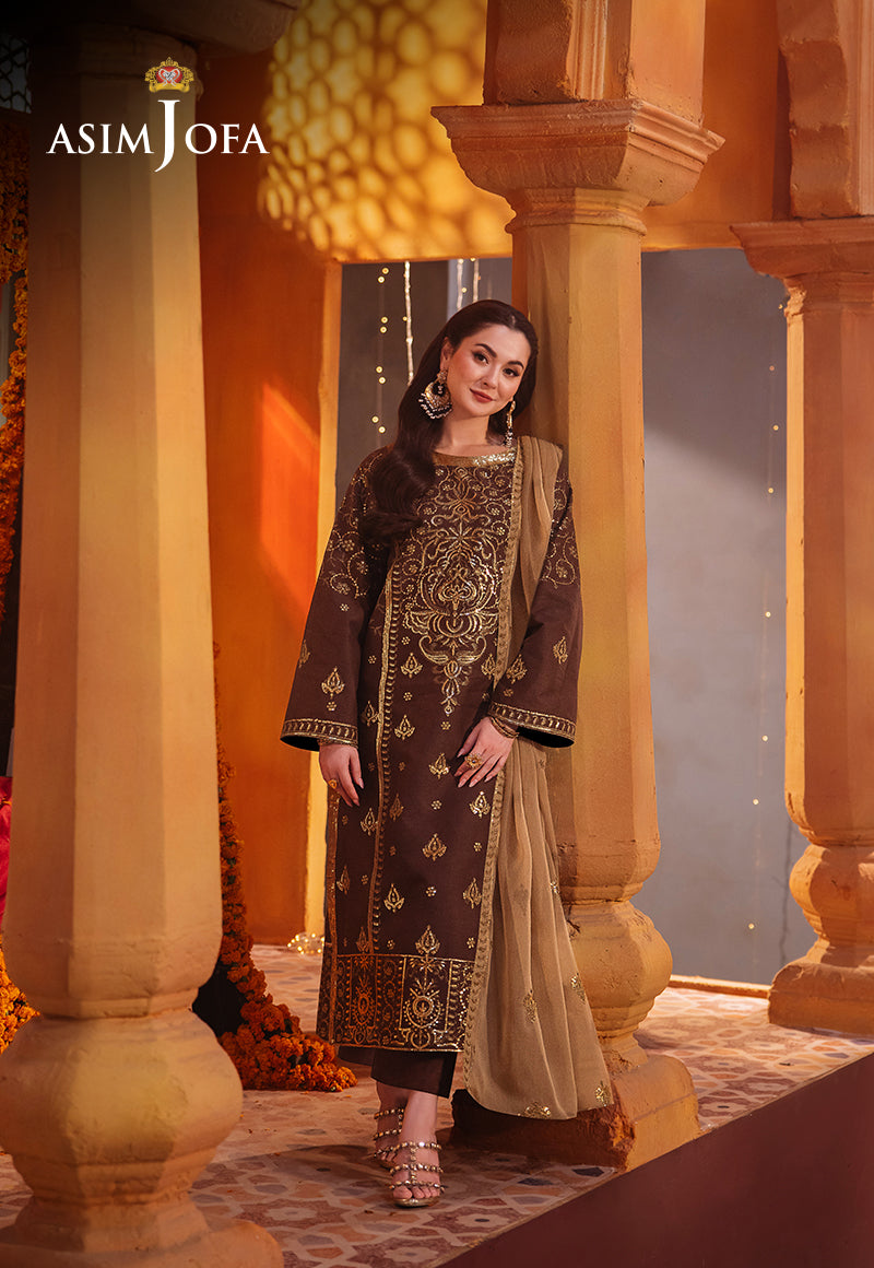 Pakistani Brown Embroidered Twisted Silk 3-Piece Suit - Image 1