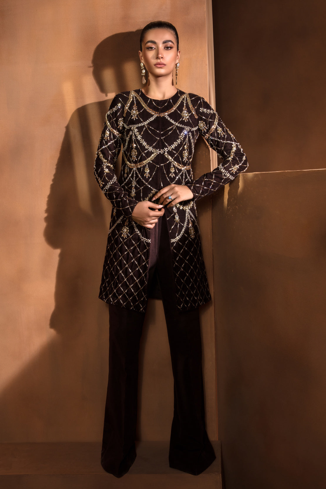 Pakistani Deep Brown Embellished Velvet Jacket and Trousers (2-Piece) - Image 1
