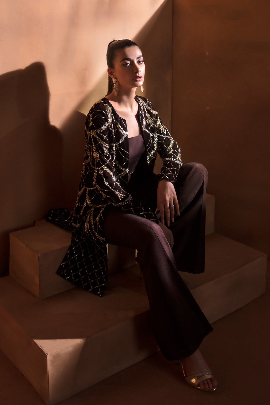 Pakistani Deep Brown Embellished Velvet Jacket and Trousers (2-Piece) - Image 3
