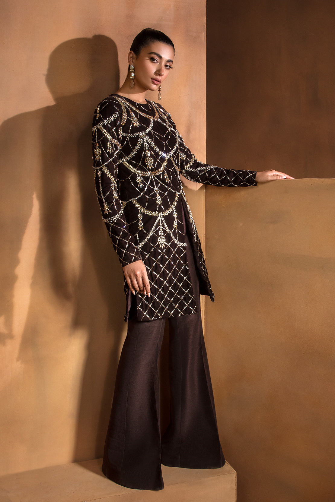 Pakistani Deep Brown Embellished Velvet Jacket and Trousers (2-Piece) - Image 4