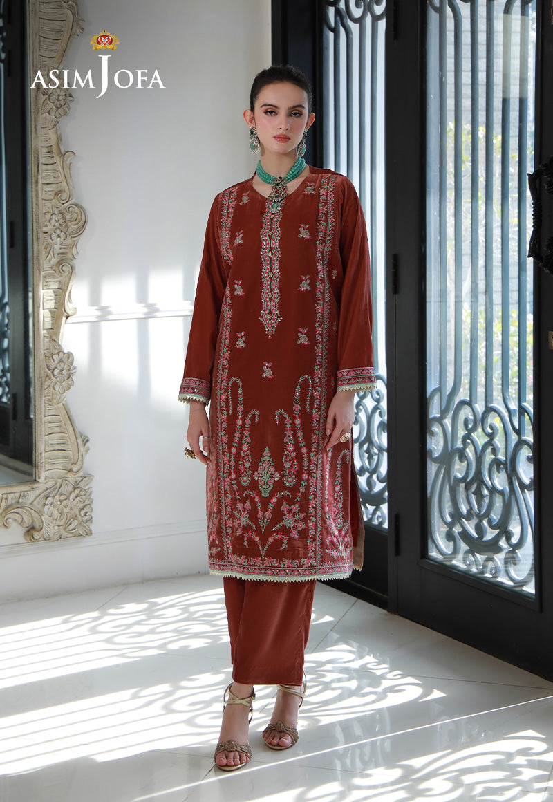 Rust Embroidered Velvet Salwar Kameez (2-Piece) - Image 1