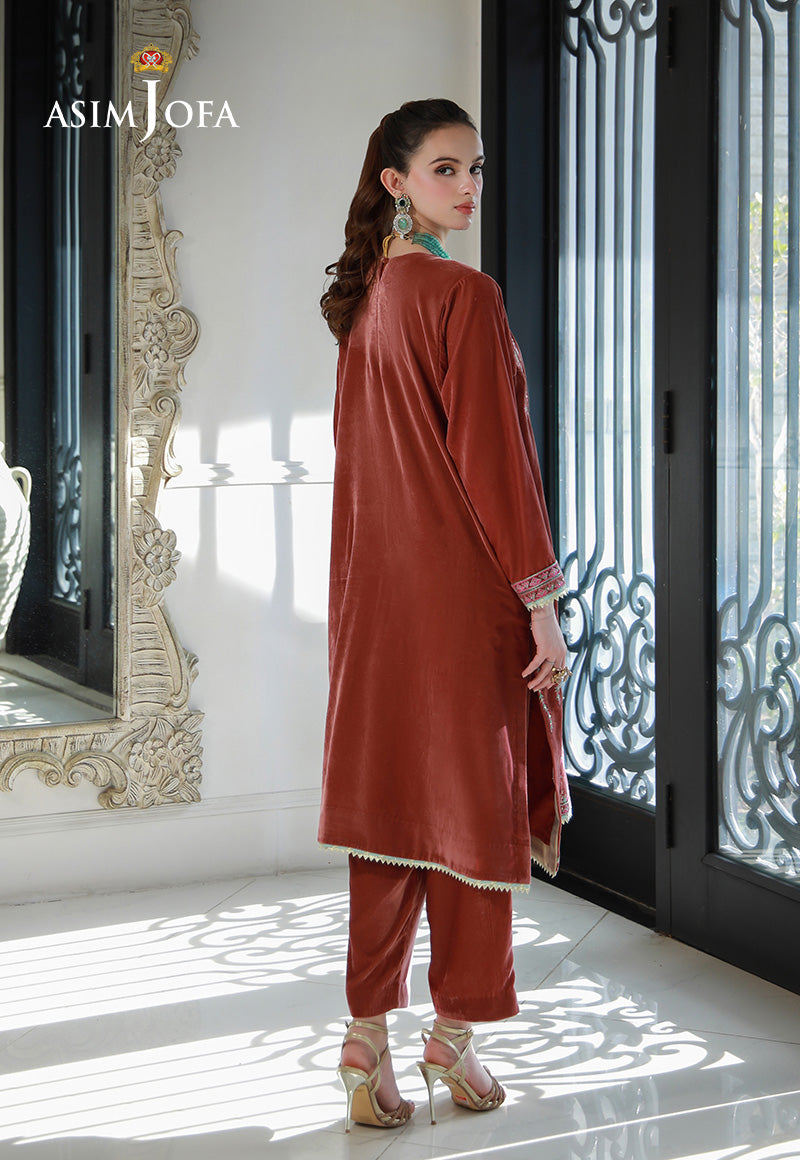 Rust Embroidered Velvet Salwar Kameez (2-Piece) - Image 2