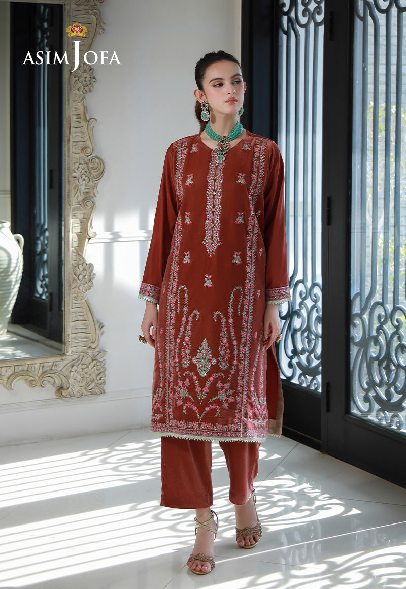 Rust Embroidered Velvet Salwar Kameez (2-Piece) - Image 3