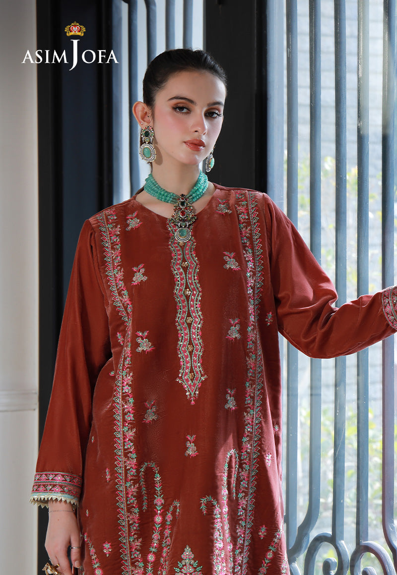 Rust Embroidered Velvet Salwar Kameez (2-Piece) - Image 4