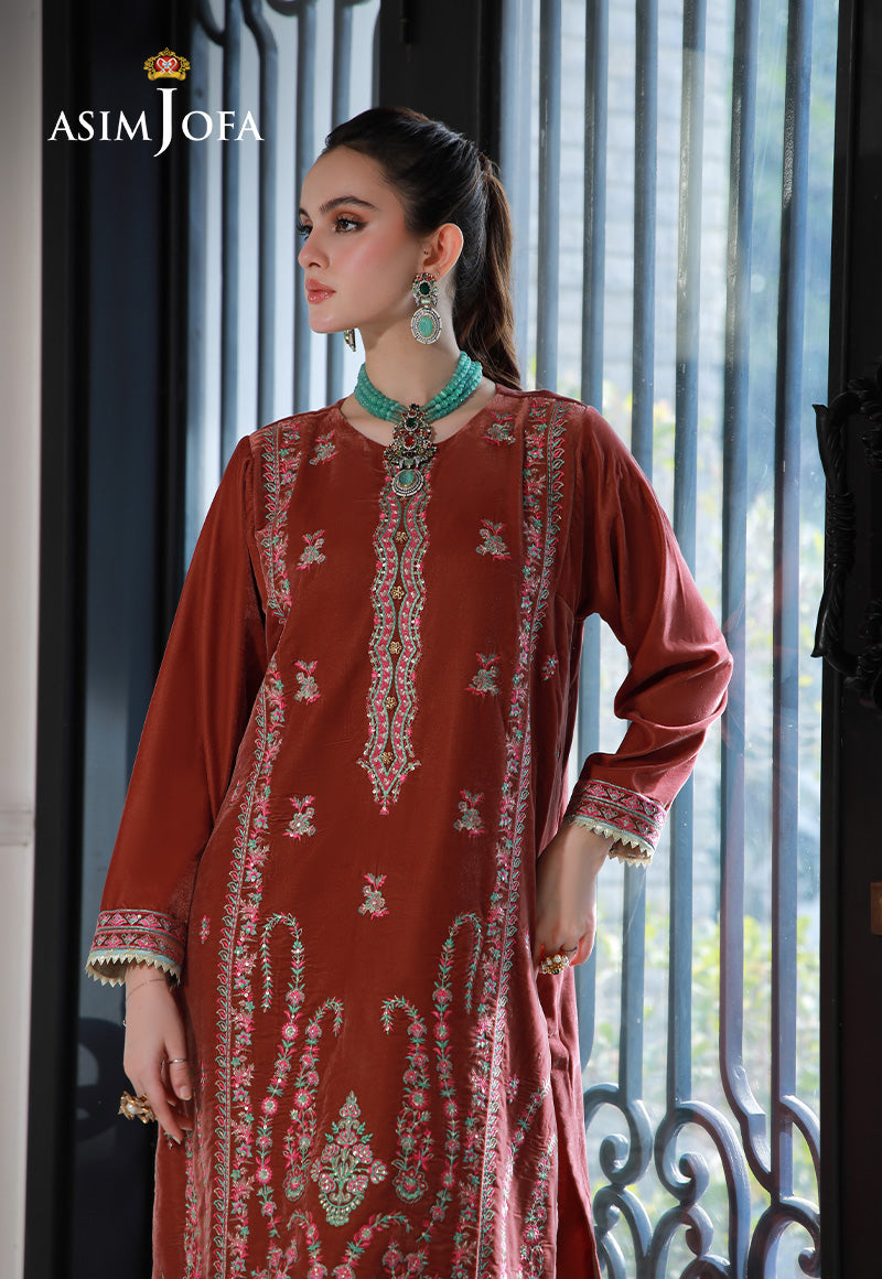 Rust Embroidered Velvet Salwar Kameez (2-Piece) - Image 5