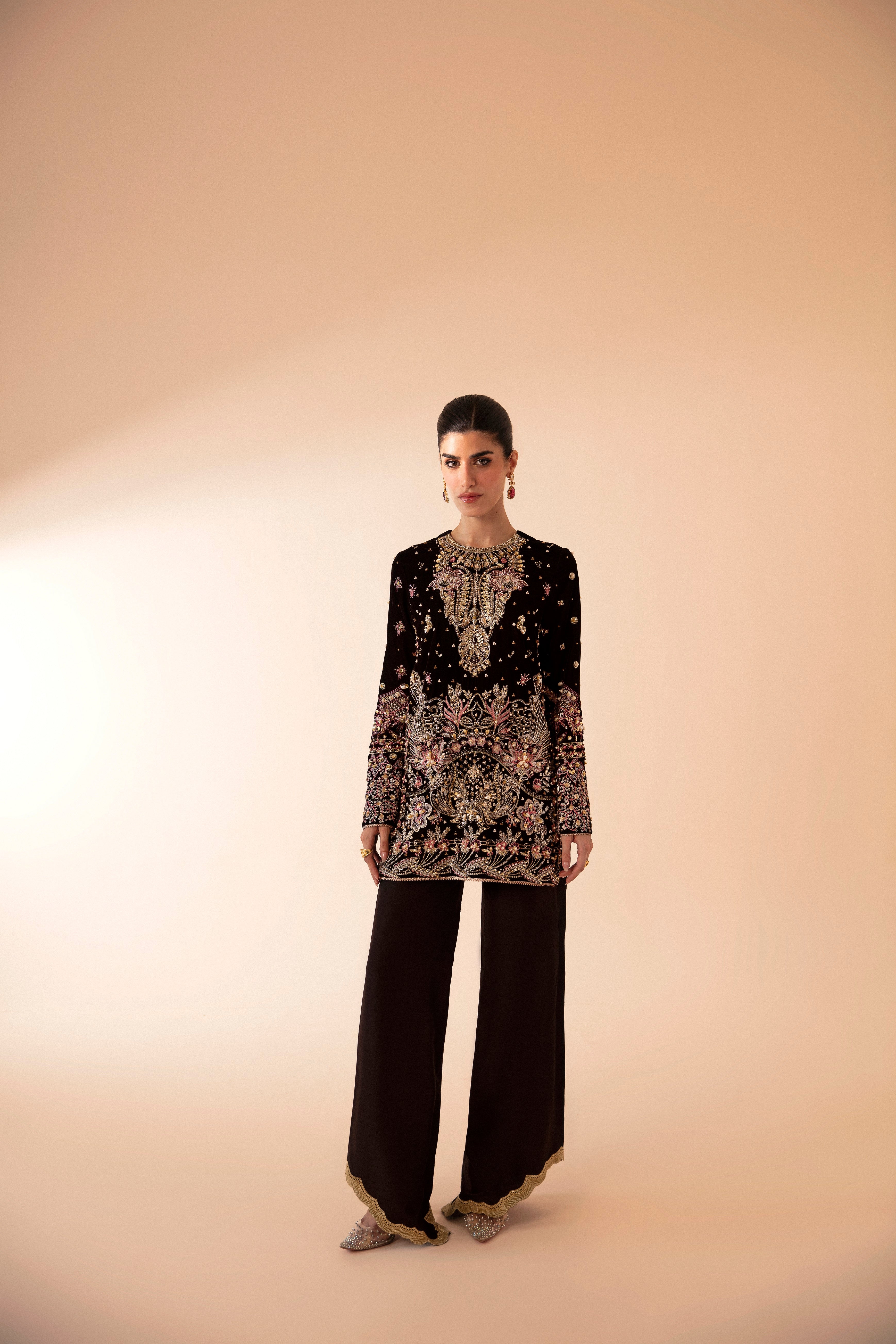 Pakistani Deep Brown Embroidered Velvet & Raw Silk Salwar Kameez (2-Piece) - Image 1