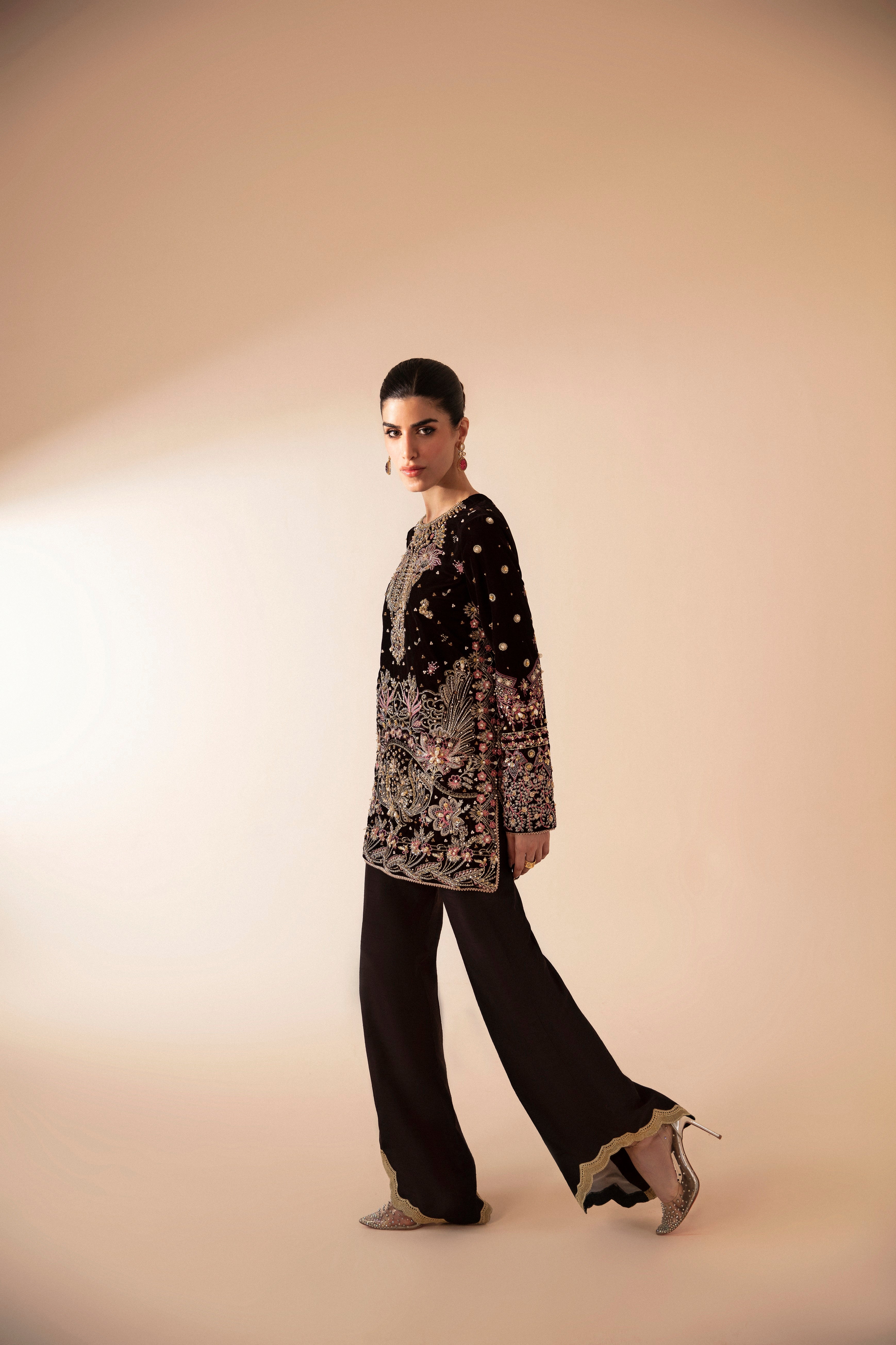 Pakistani Deep Brown Embroidered Velvet & Raw Silk Salwar Kameez (2-Piece) - Image 2