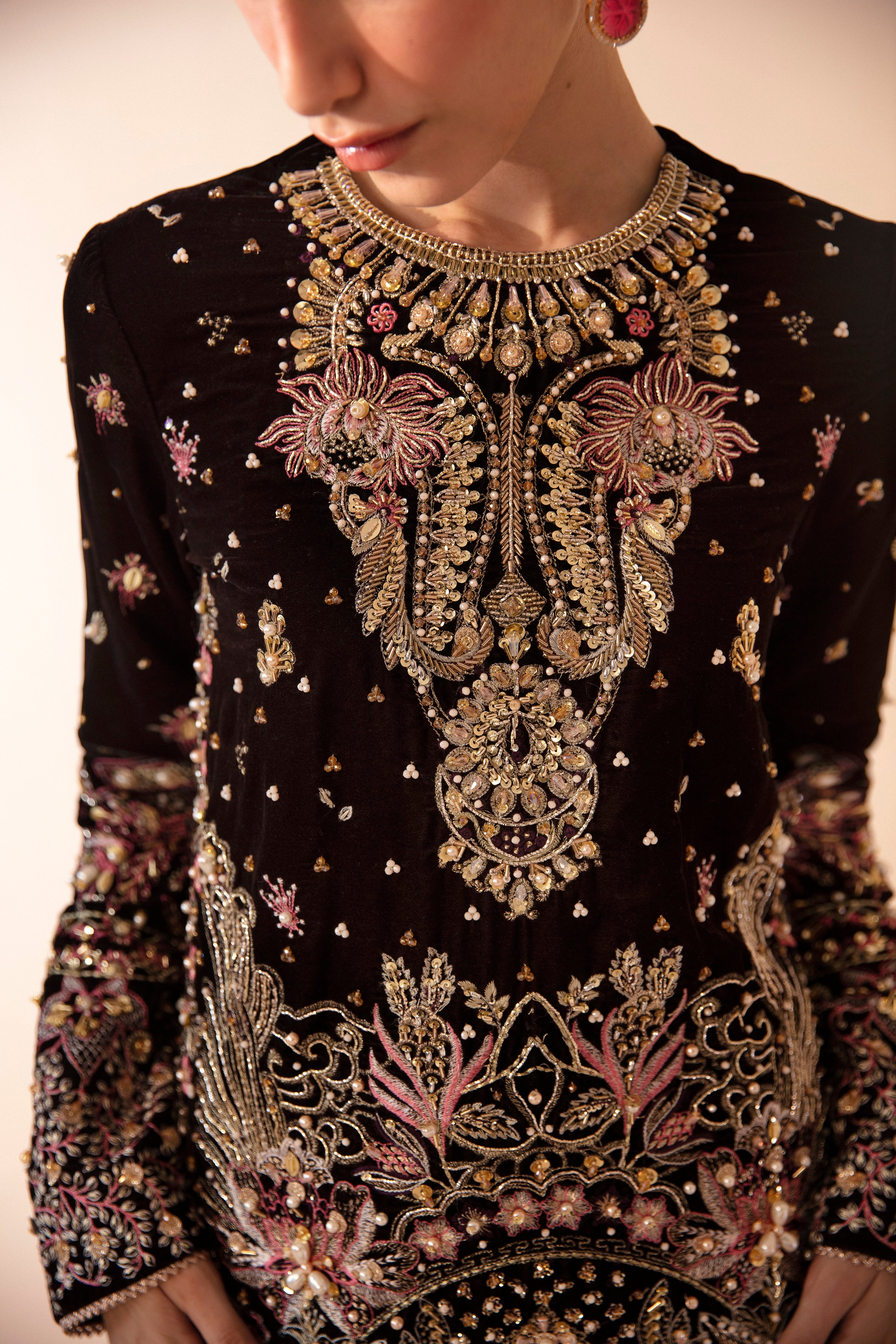 Pakistani Deep Brown Embroidered Velvet & Raw Silk Salwar Kameez (2-Piece) - Image 3