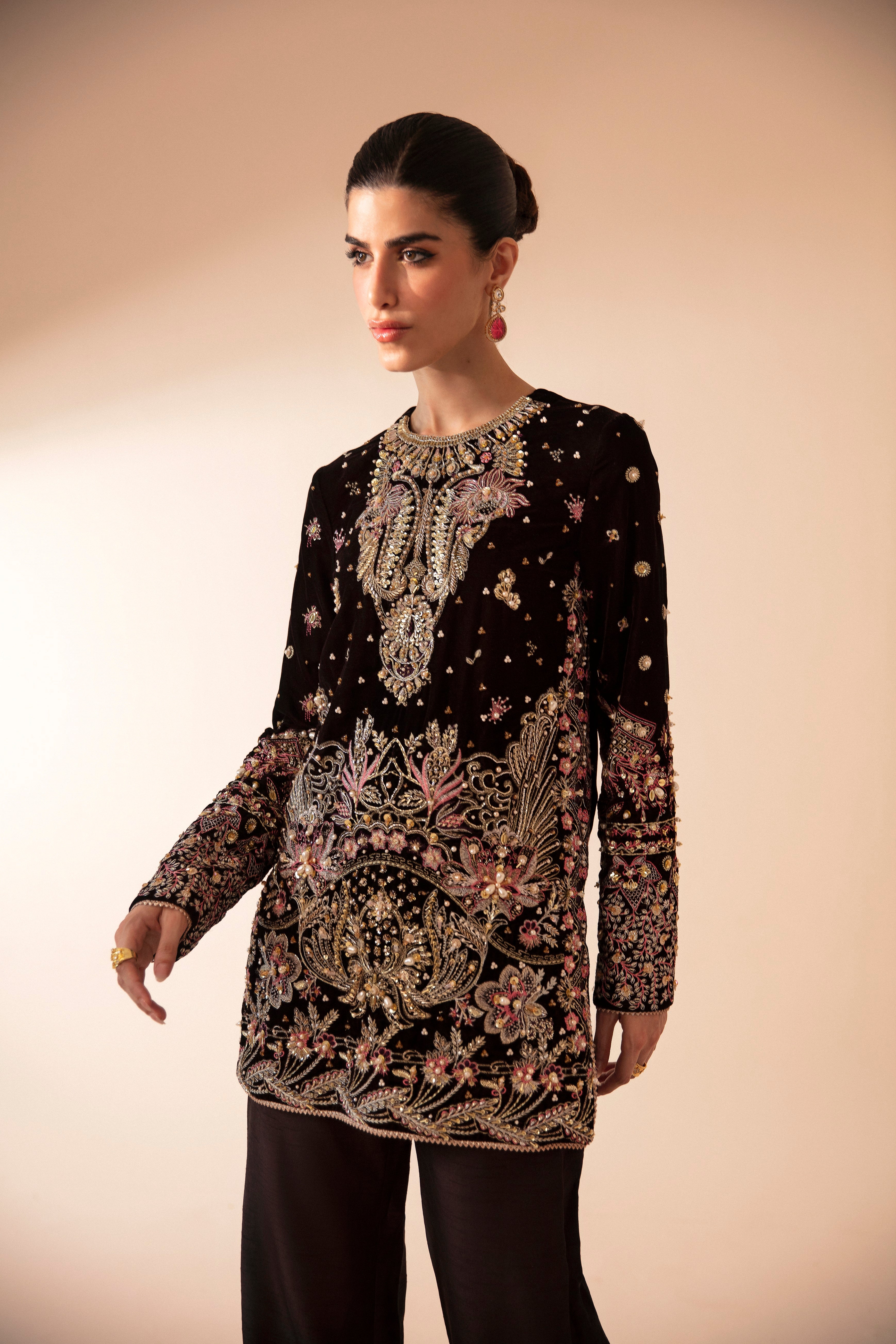 Pakistani Deep Brown Embroidered Velvet & Raw Silk Salwar Kameez (2-Piece) - Image 4