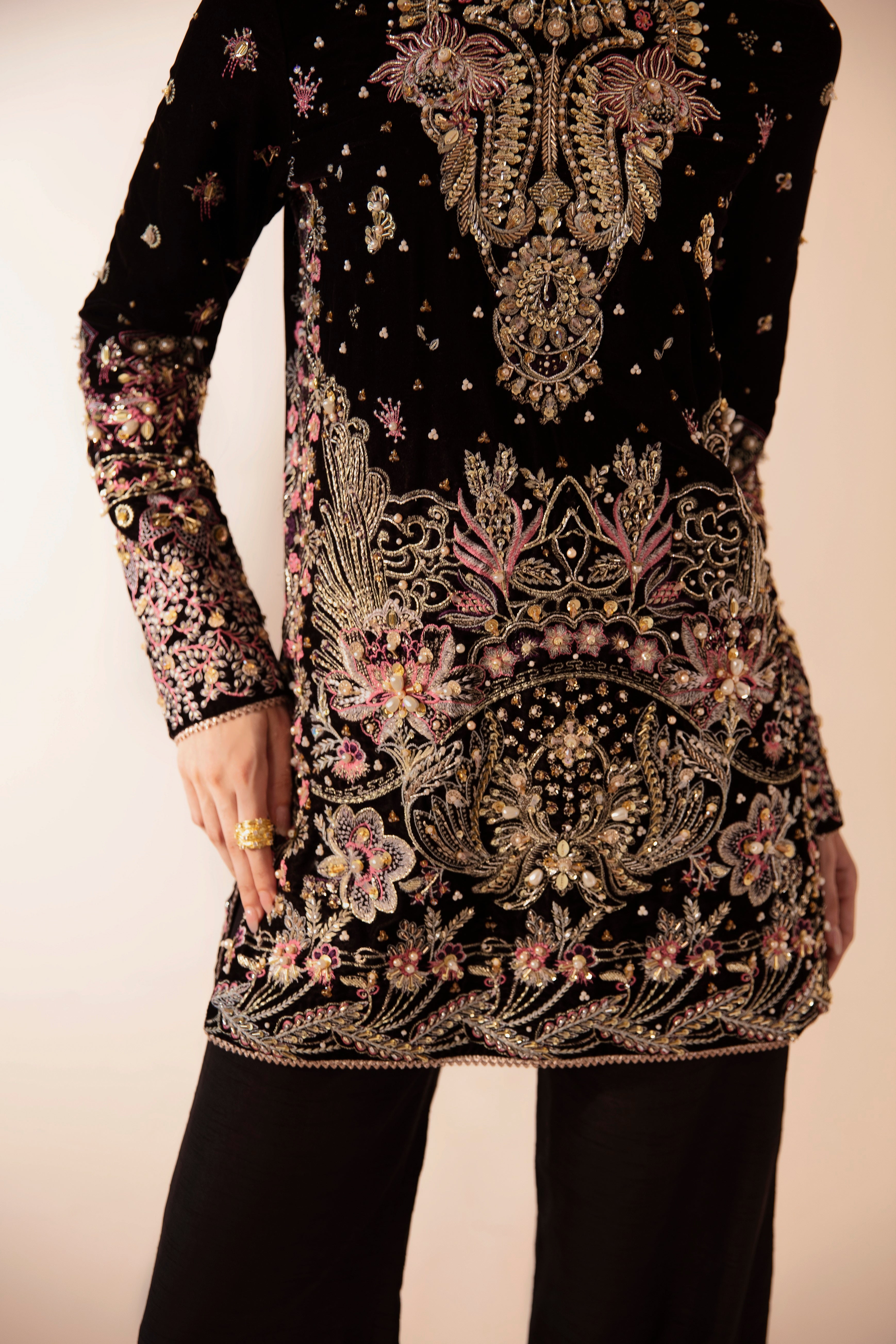 Pakistani Deep Brown Embroidered Velvet & Raw Silk Salwar Kameez (2-Piece) - Image 5