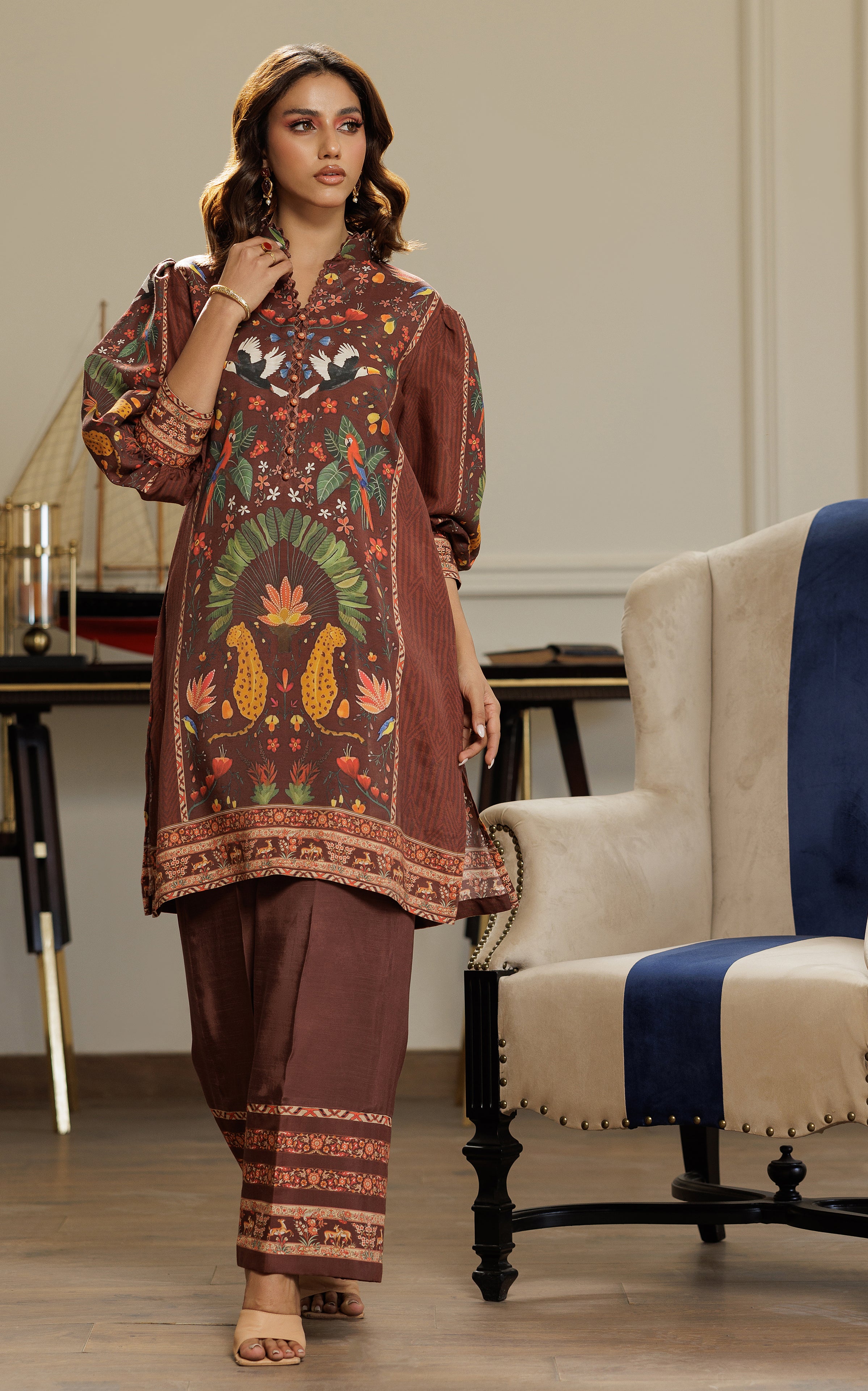 Chocolate Brown Printed Viscose Silk Salwar Kameez (2-Piece) - Image 1